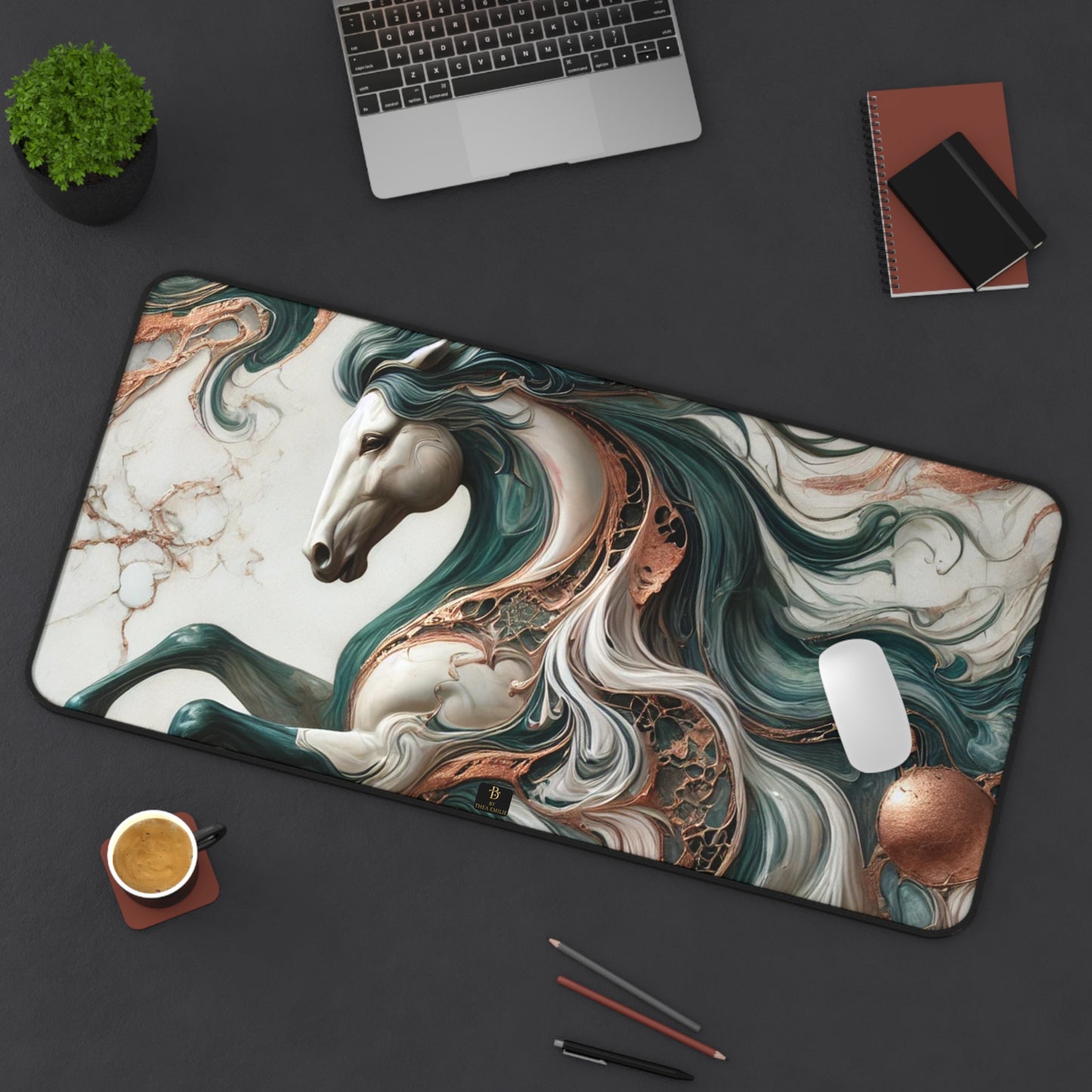 Artistic Horse Marble Desk Mat – Bronze & Green Design, 3 Sizes Available, Elegant Office Decor