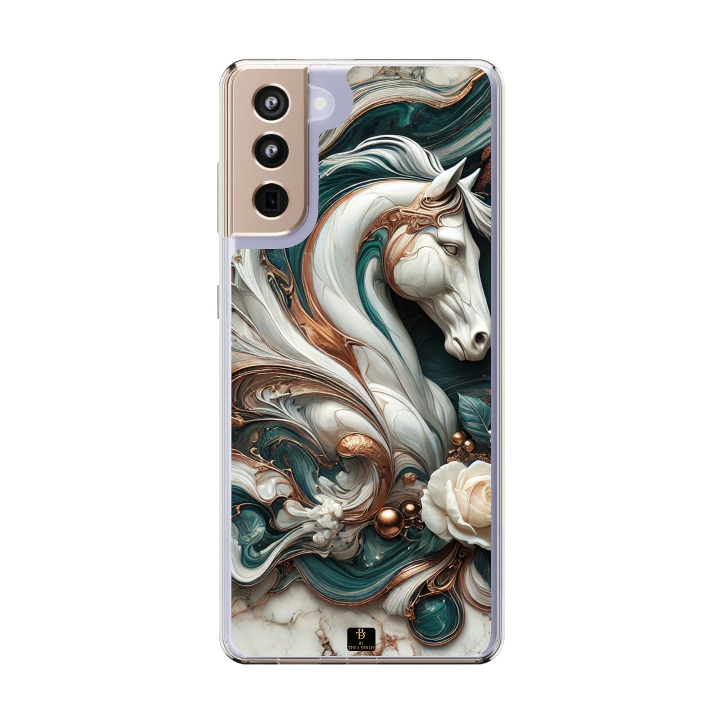 Artistic Horse Clear Phone Case – Teal & Bronze Marble Design with White Rose, Compatible with iPhone