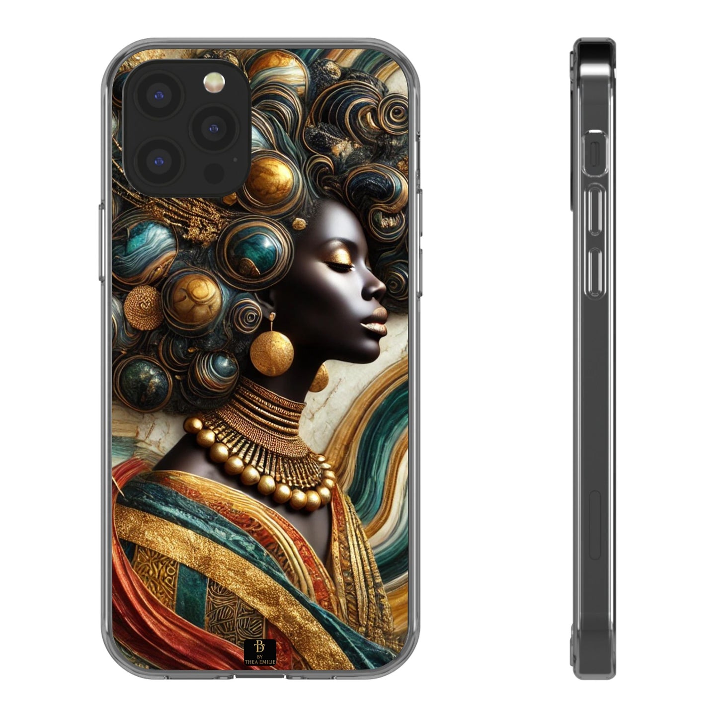 Majestic Queen Clear Phone Case – Afro Art Style with Gold & Teal Accents