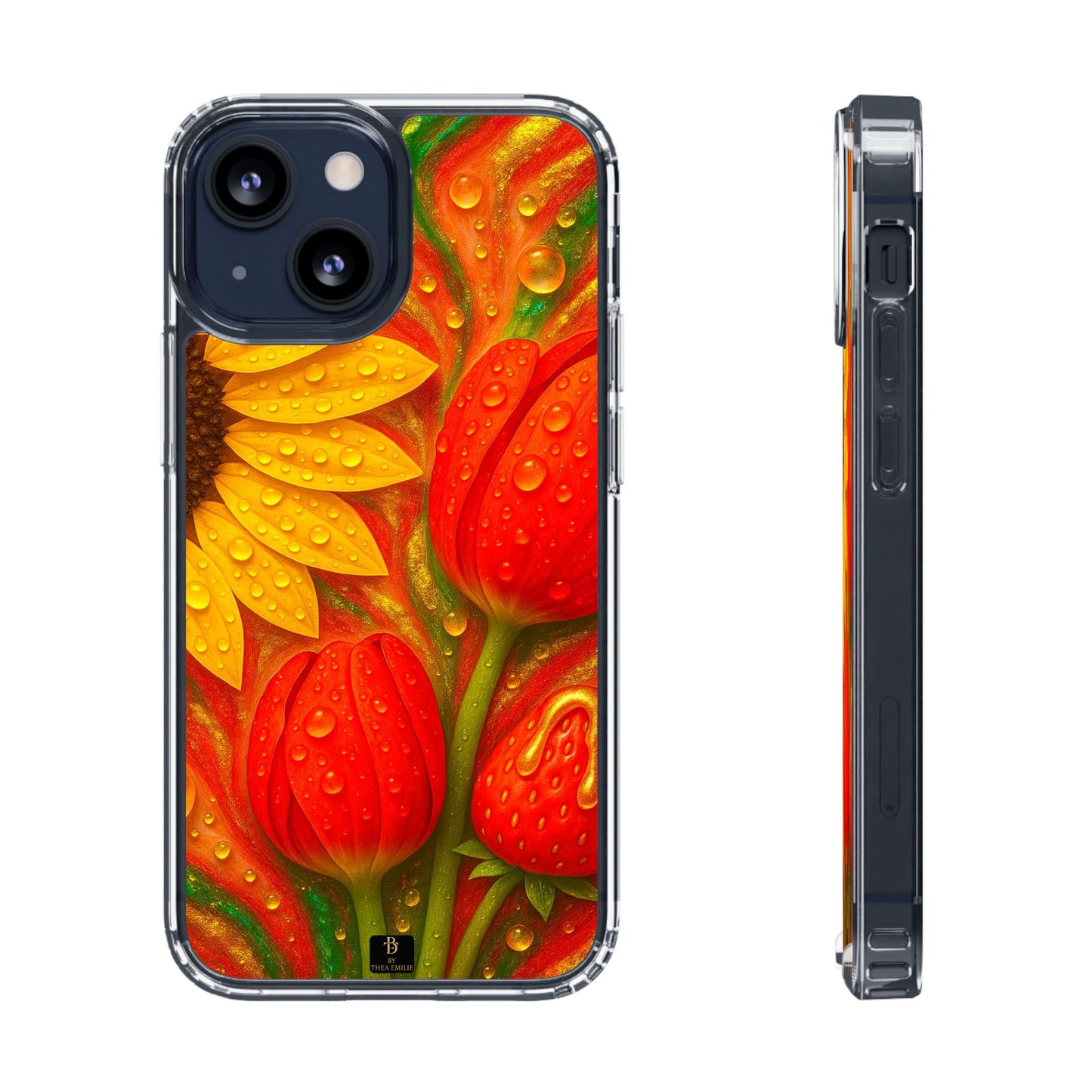 Sunflower Tulips Clear Phone Case - Red Green Gold Marble Design for iPhone