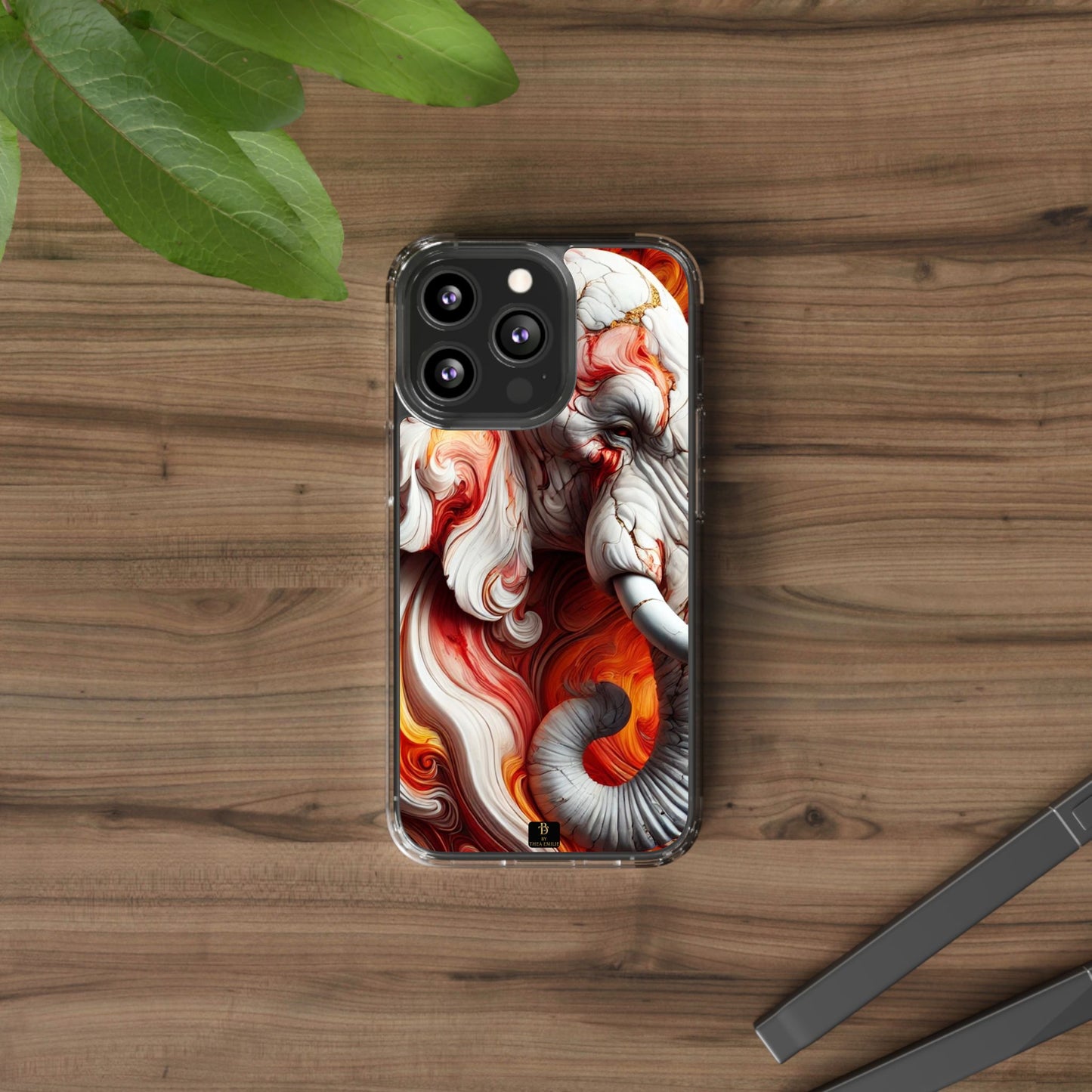 Fiery Marble Elephant Clear Phone Case – Bold Red & Orange Artistic Design for iPhone