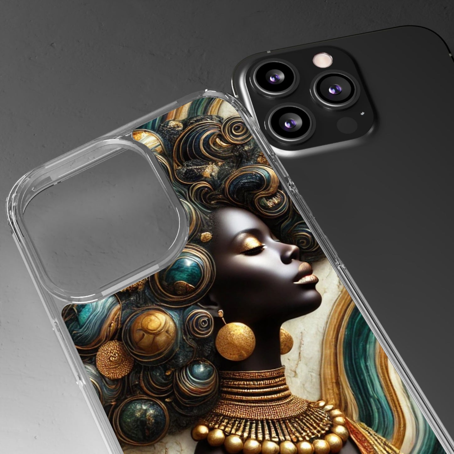 Majestic Queen Clear Phone Case – Afro Art Style with Gold & Teal Accents