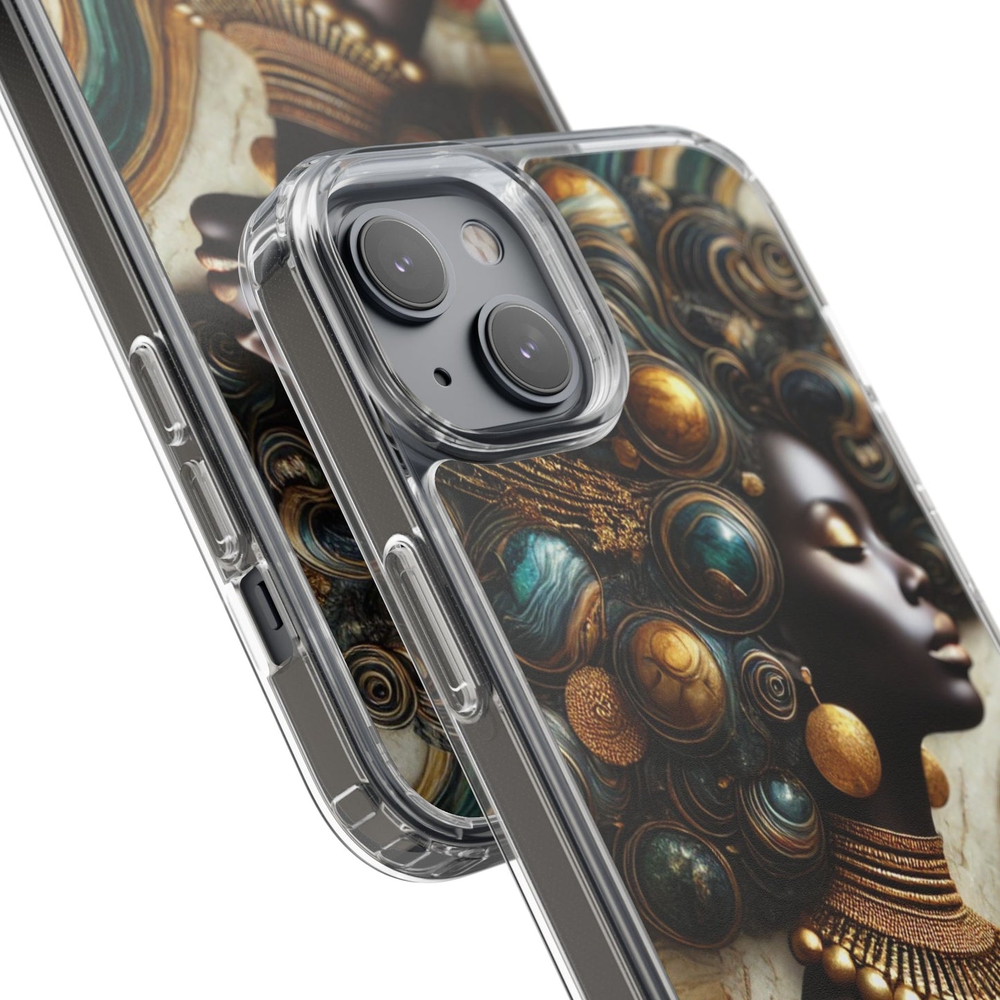 Majestic Queen Clear Phone Case – Afro Art Style with Gold & Teal Accents