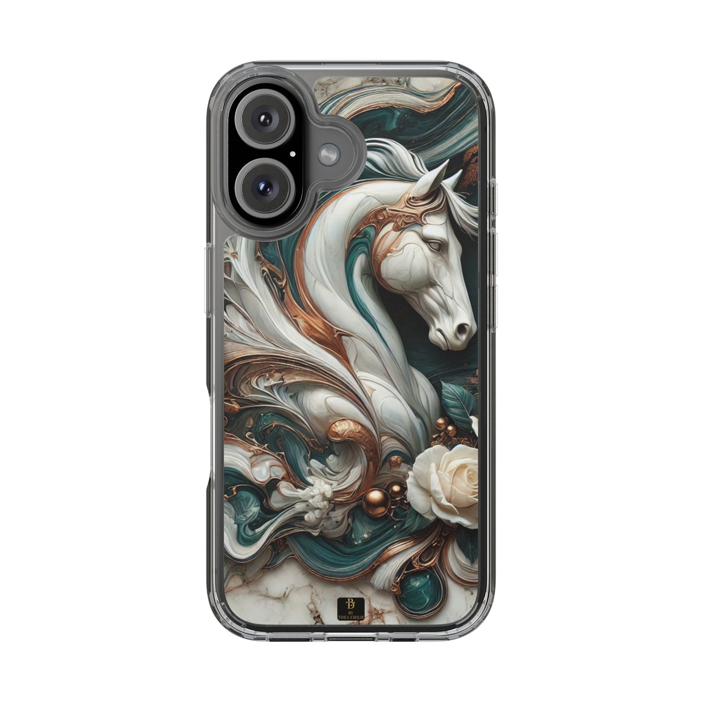 Artistic Horse Clear Phone Case – Teal & Bronze Marble Design with White Rose, Compatible with iPhone