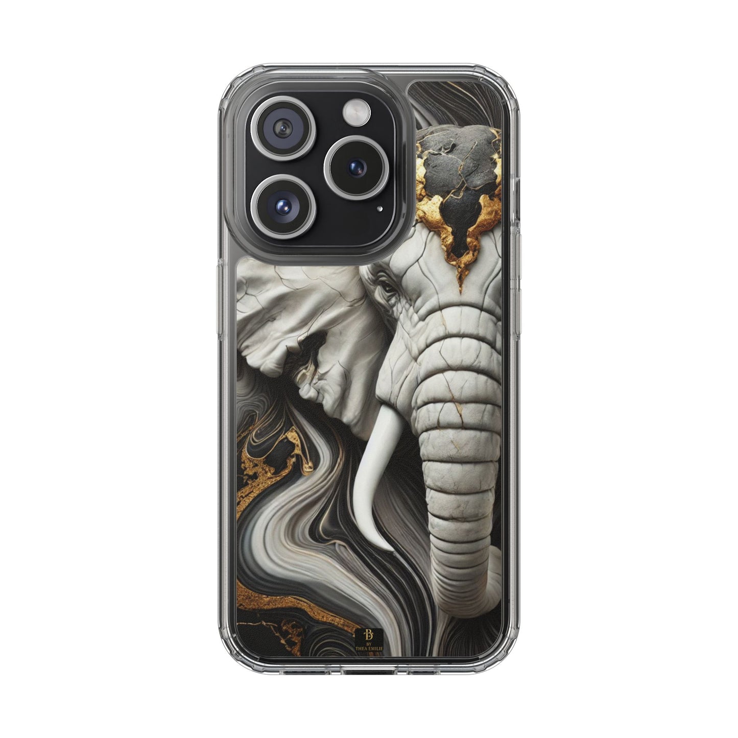 Artistic Elephant Clear Phone Case – Marble & Gold Wildlife Design for iPhone