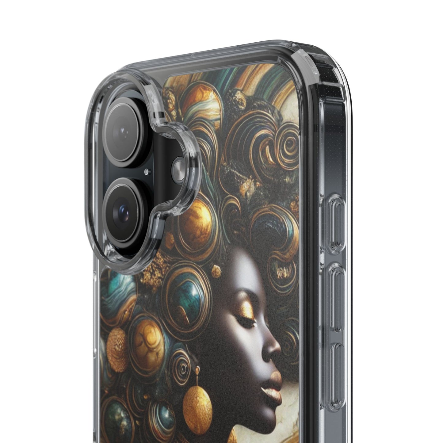 Majestic Queen Clear Phone Case – Afro Art Style with Gold & Teal Accents