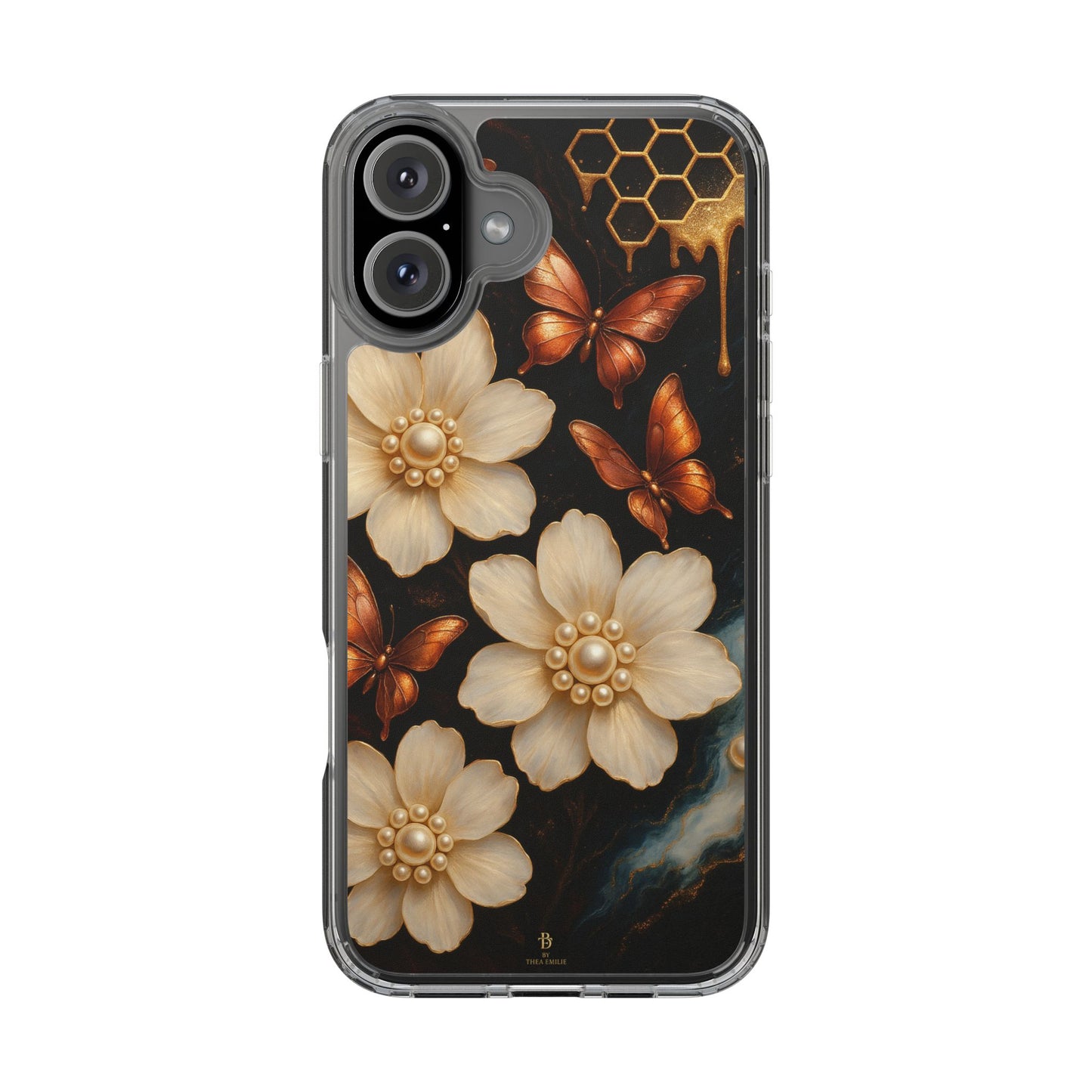 Golden Butterfly & Floral Clear Phone Case – Elegant Pearl & Honeycomb Design for iPhone