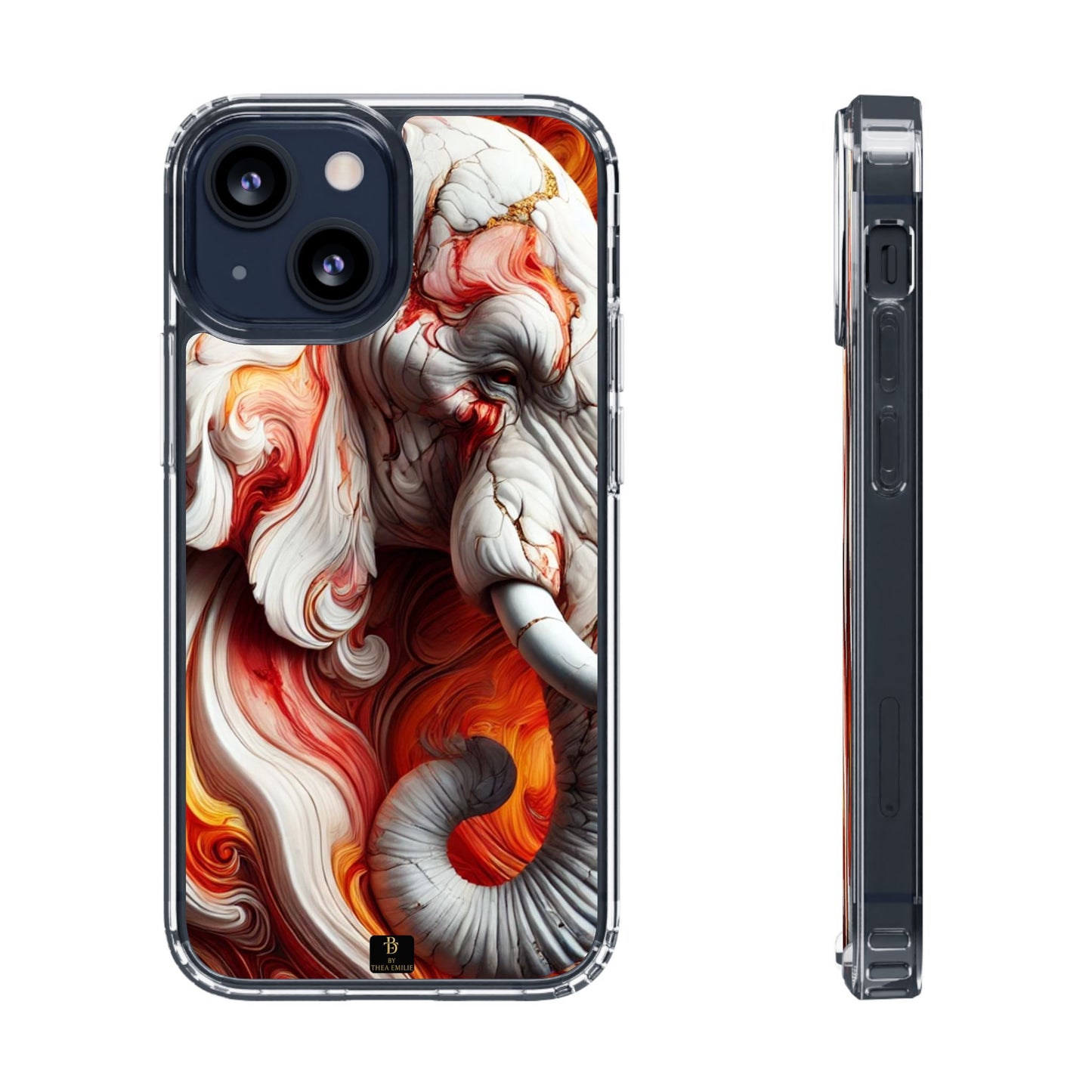 Fiery Marble Elephant Clear Phone Case – Bold Red & Orange Artistic Design for iPhone