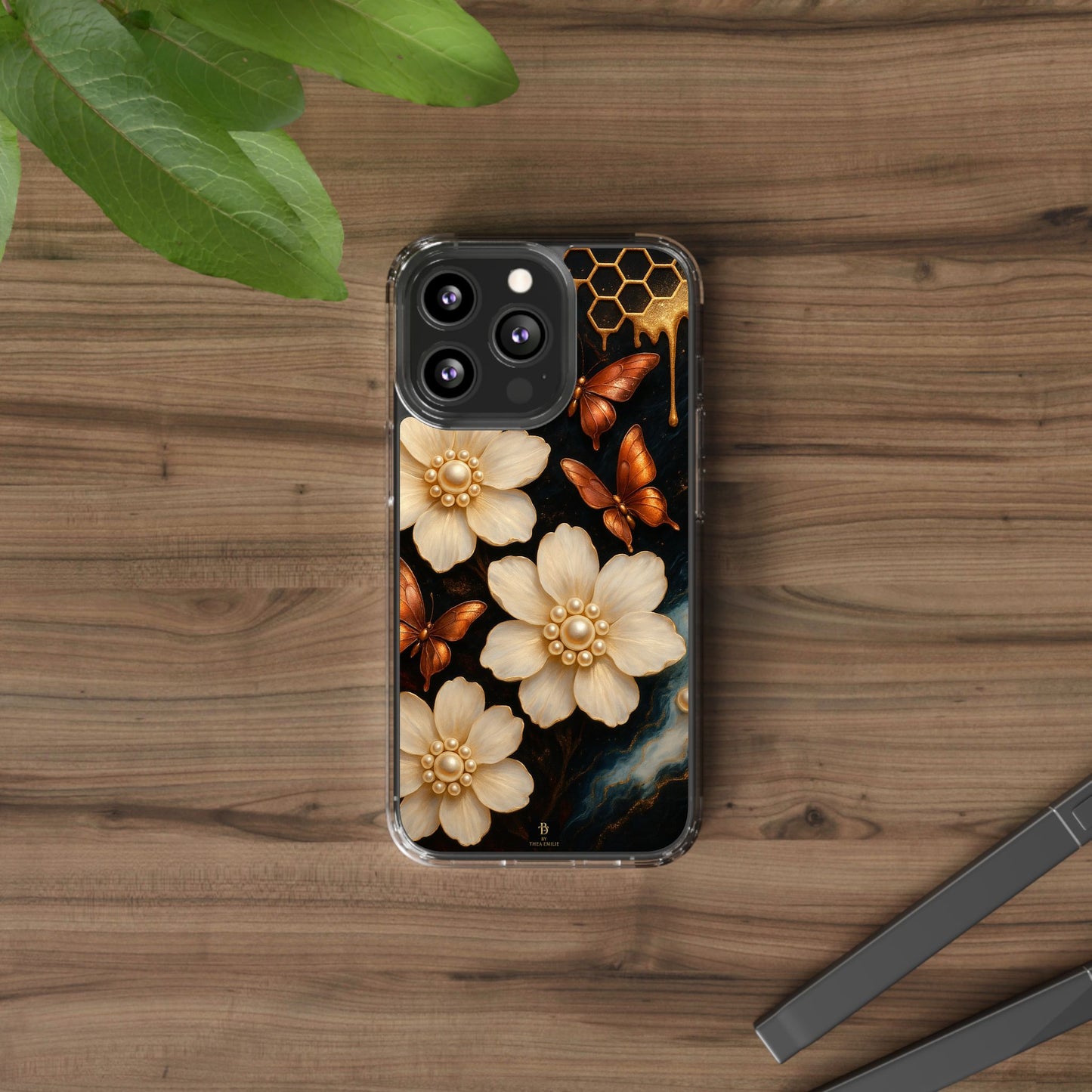 Golden Butterfly & Floral Clear Phone Case – Elegant Pearl & Honeycomb Design for iPhone