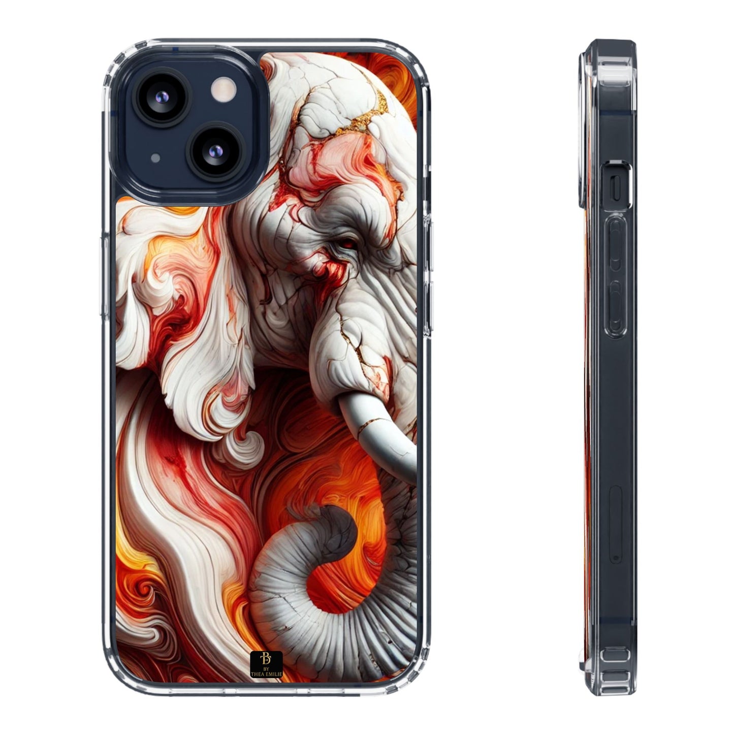 Fiery Marble Elephant Clear Phone Case – Bold Red & Orange Artistic Design for iPhone