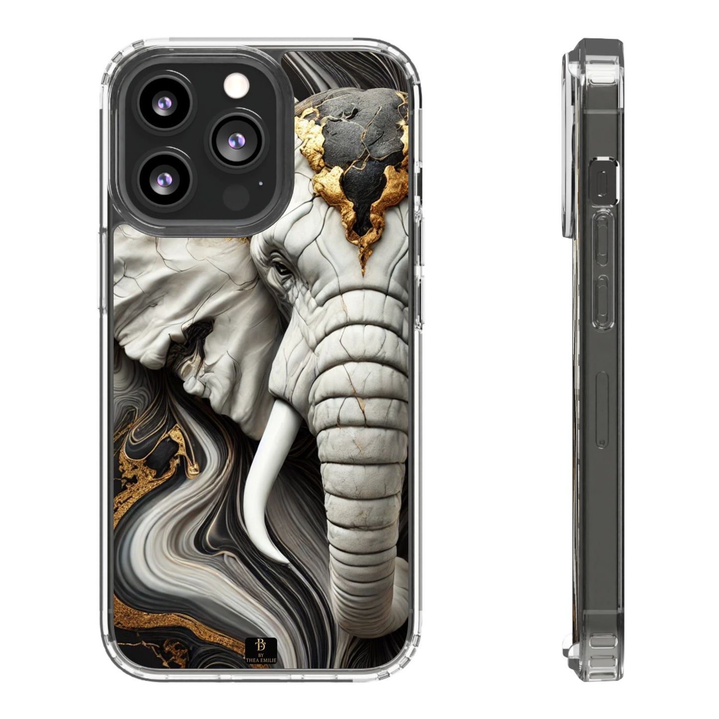 Artistic Elephant Clear Phone Case – Marble & Gold Wildlife Design for iPhone