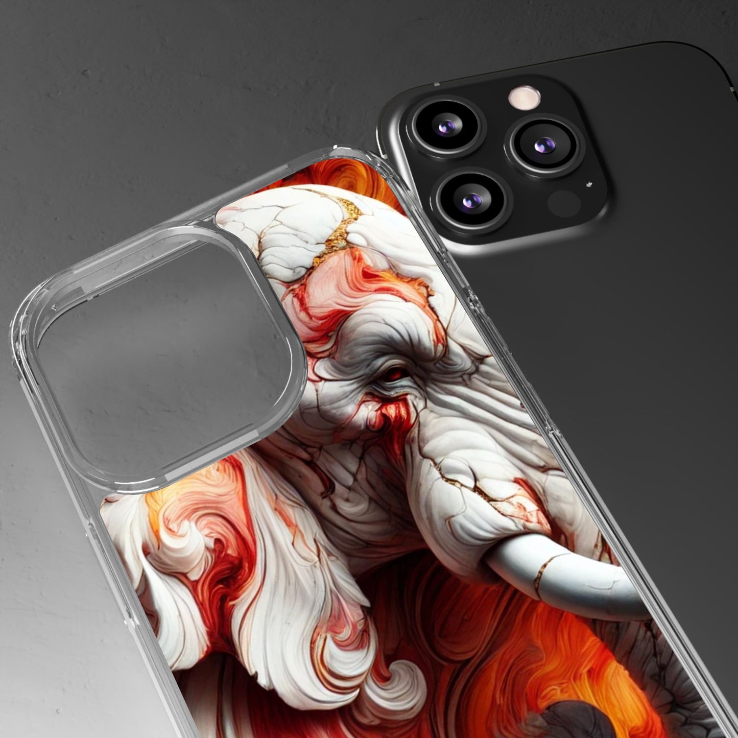 Fiery Marble Elephant Clear Phone Case – Bold Red & Orange Artistic Design for iPhone
