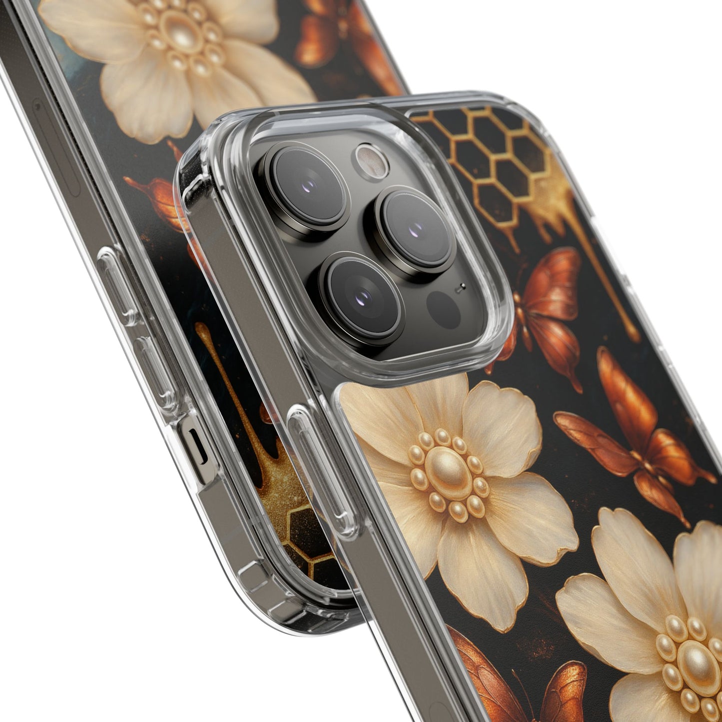 Golden Butterfly & Floral Clear Phone Case – Elegant Pearl & Honeycomb Design for iPhone