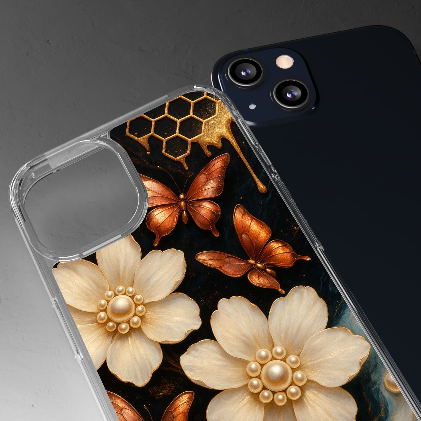 Golden Butterfly & Floral Clear Phone Case – Elegant Pearl & Honeycomb Design for iPhone