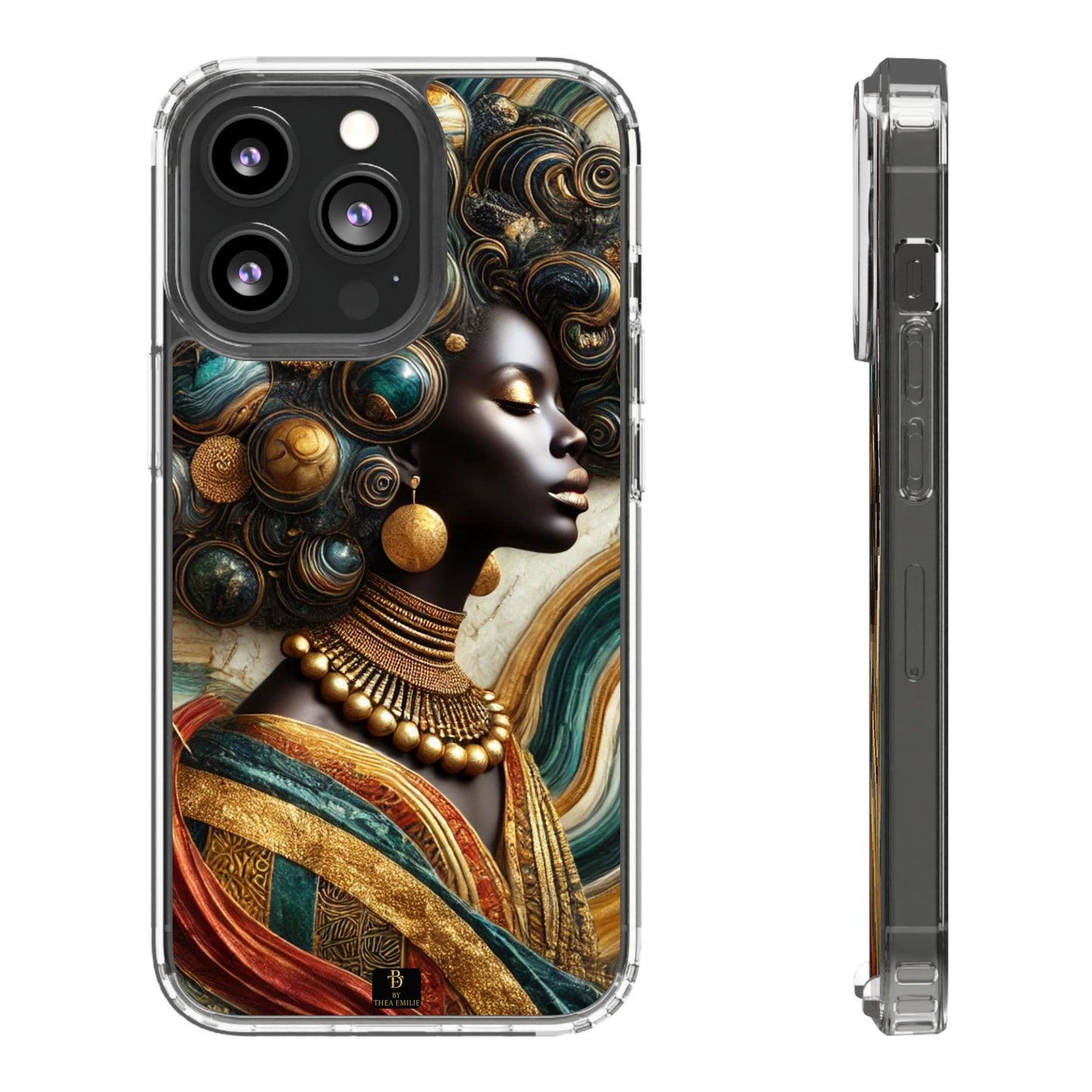 Majestic Queen Clear Phone Case – Afro Art Style with Gold & Teal Accents