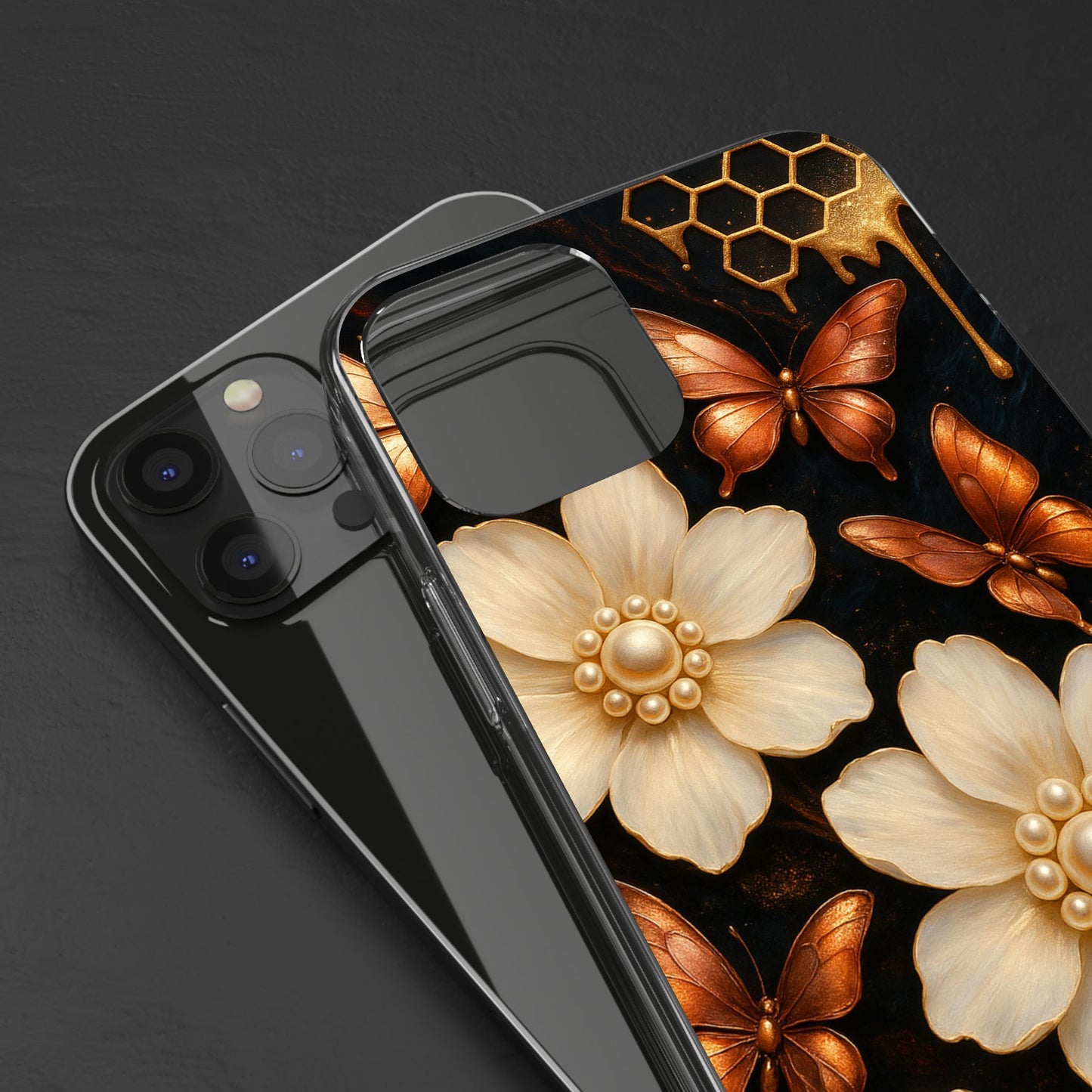 Golden Butterfly & Floral Clear Phone Case – Elegant Pearl & Honeycomb Design for iPhone