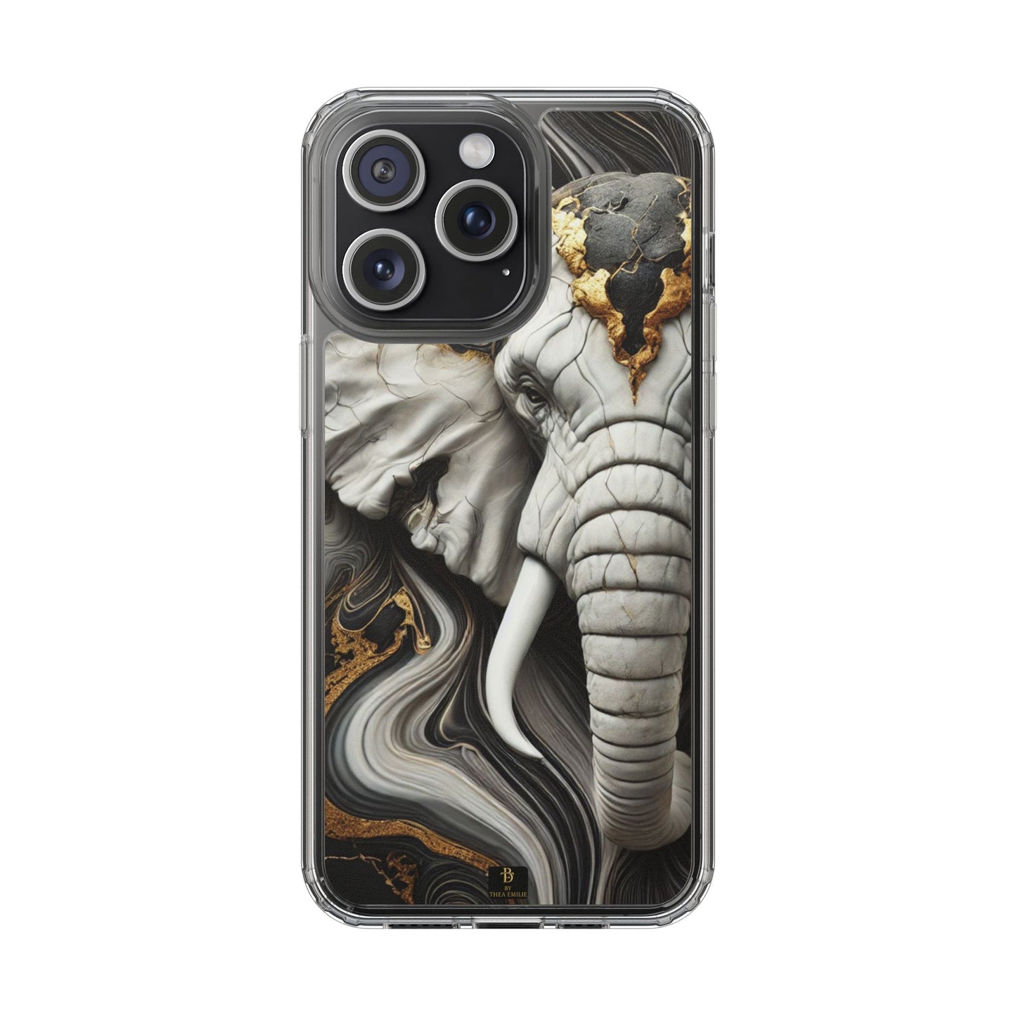 Artistic Elephant Clear Phone Case – Marble & Gold Wildlife Design for iPhone