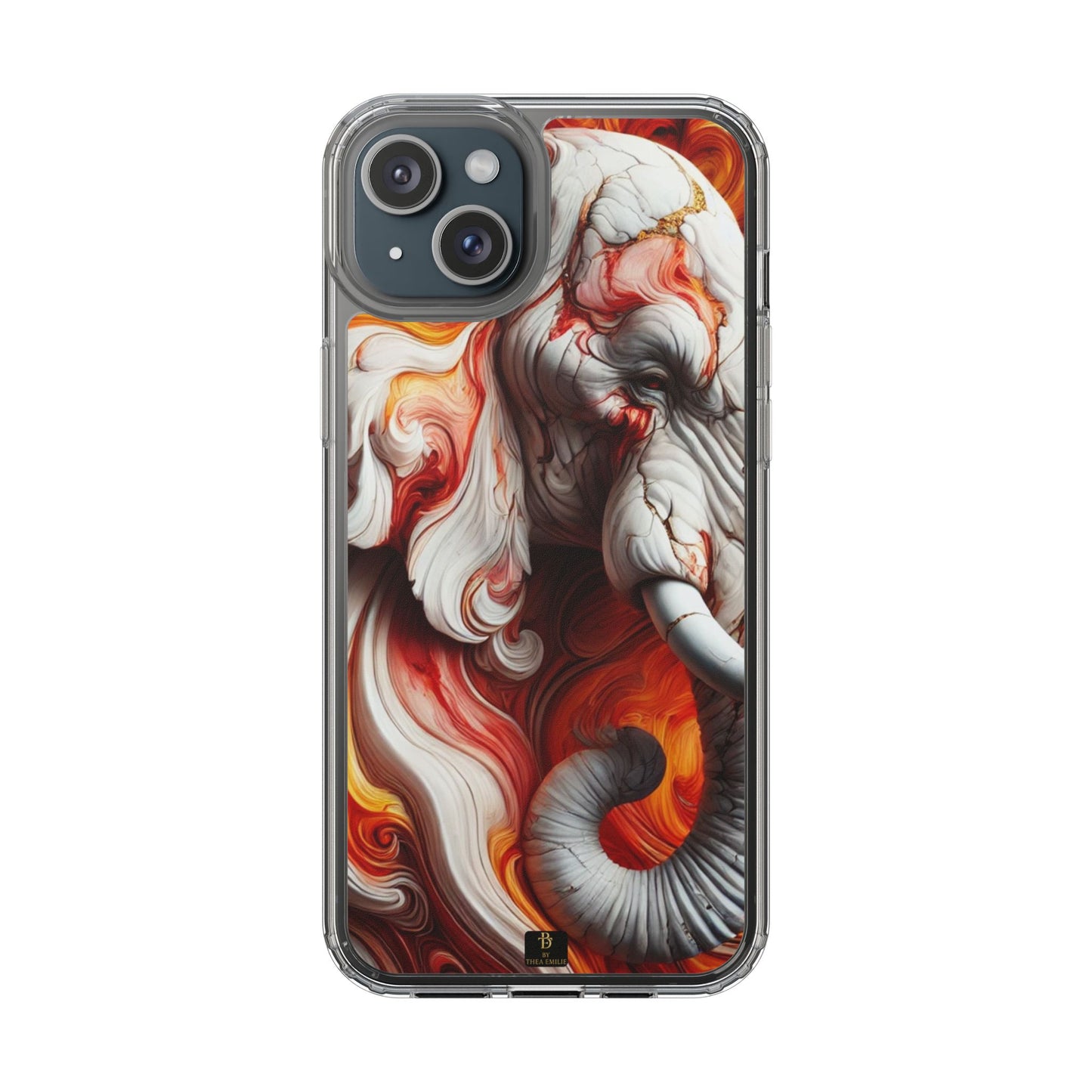 Fiery Marble Elephant Clear Phone Case – Bold Red & Orange Artistic Design for iPhone