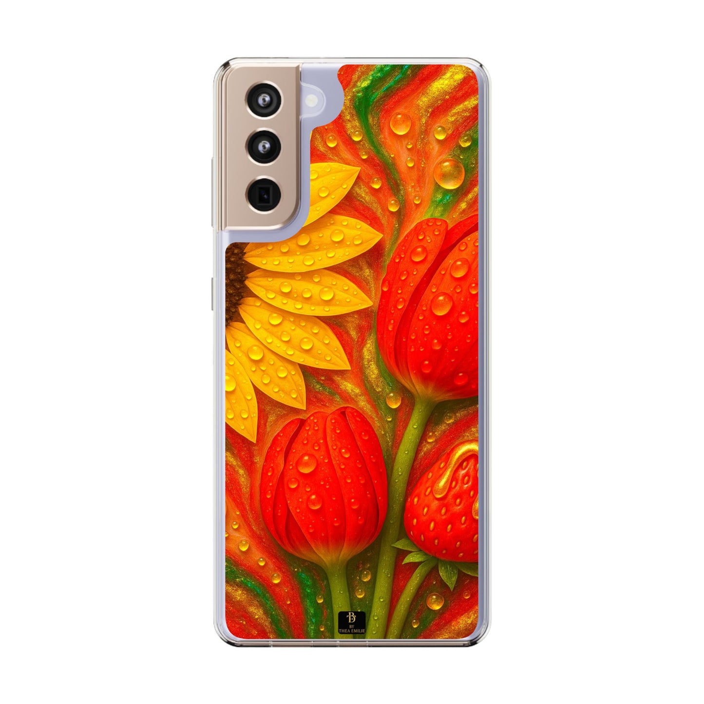 Sunflower Tulips Clear Phone Case - Red Green Gold Marble Design for iPhone