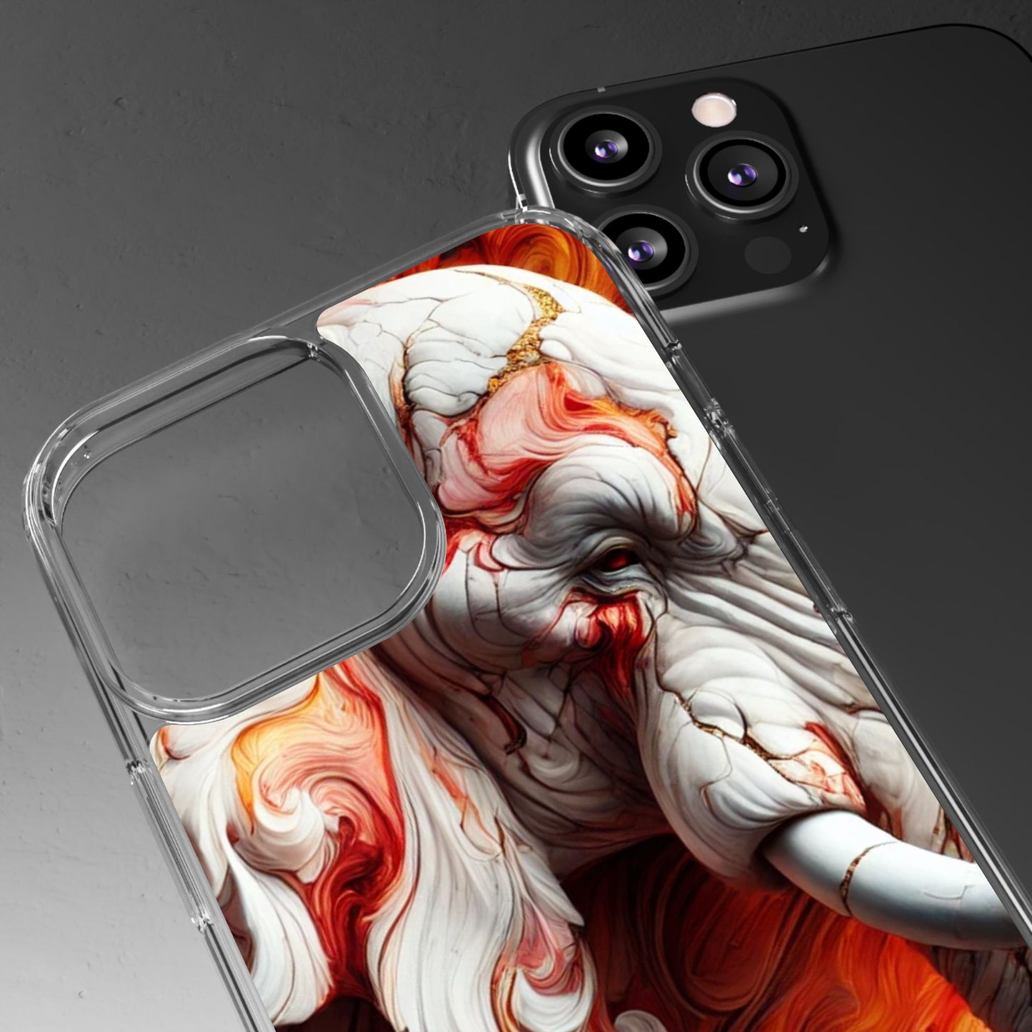 Fiery Marble Elephant Clear Phone Case – Bold Red & Orange Artistic Design for iPhone