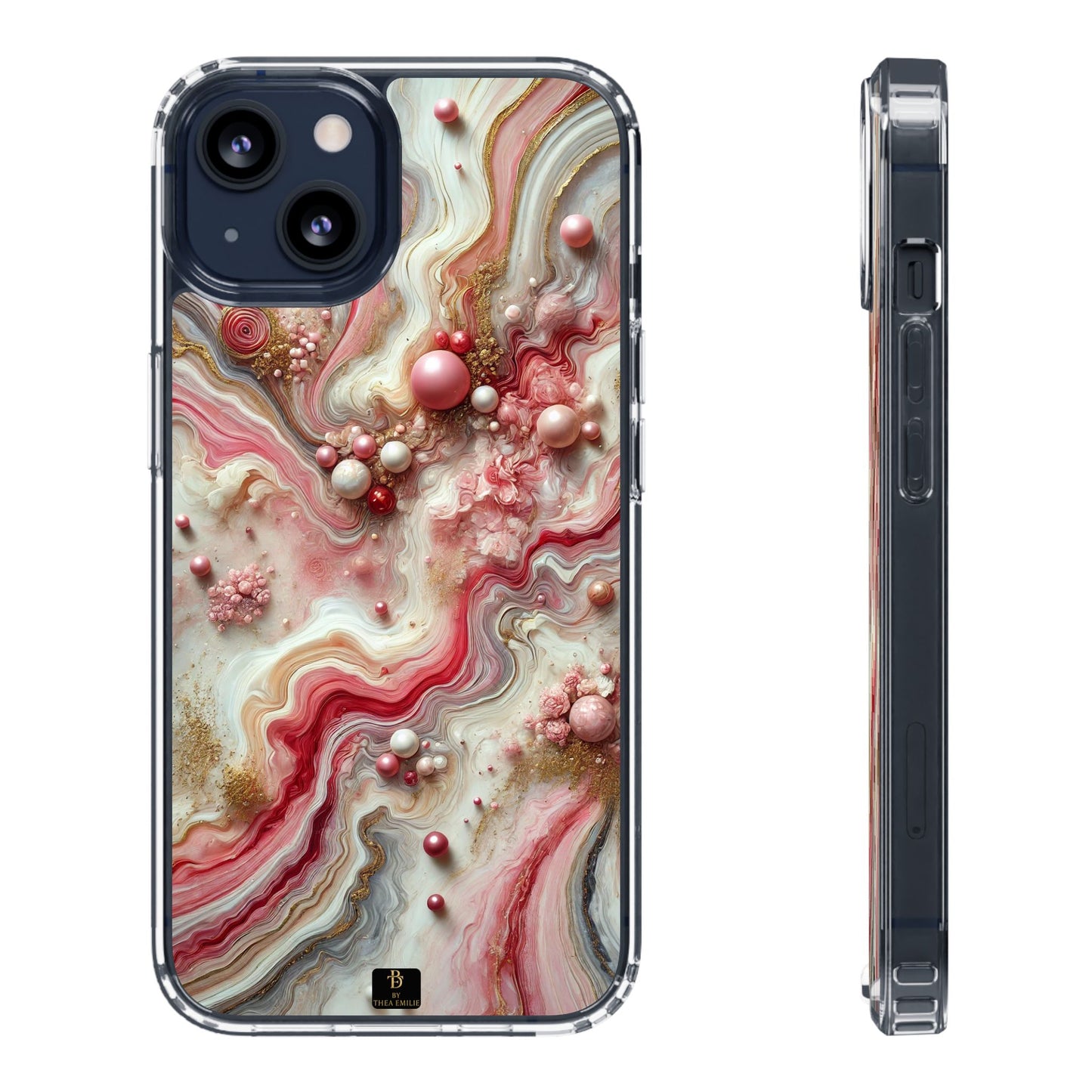 Pink Marble Clear Phone Case – Blush & Gold Abstract Design with Pearls, Compatible with iPhone