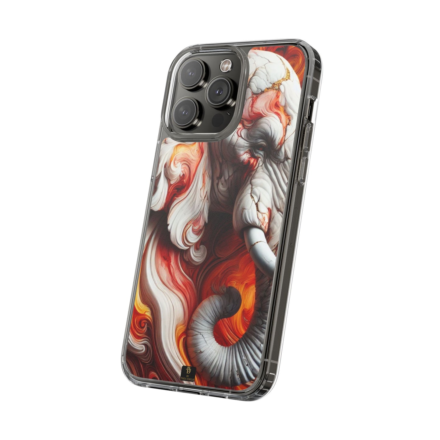 Fiery Marble Elephant Clear Phone Case – Bold Red & Orange Artistic Design for iPhone
