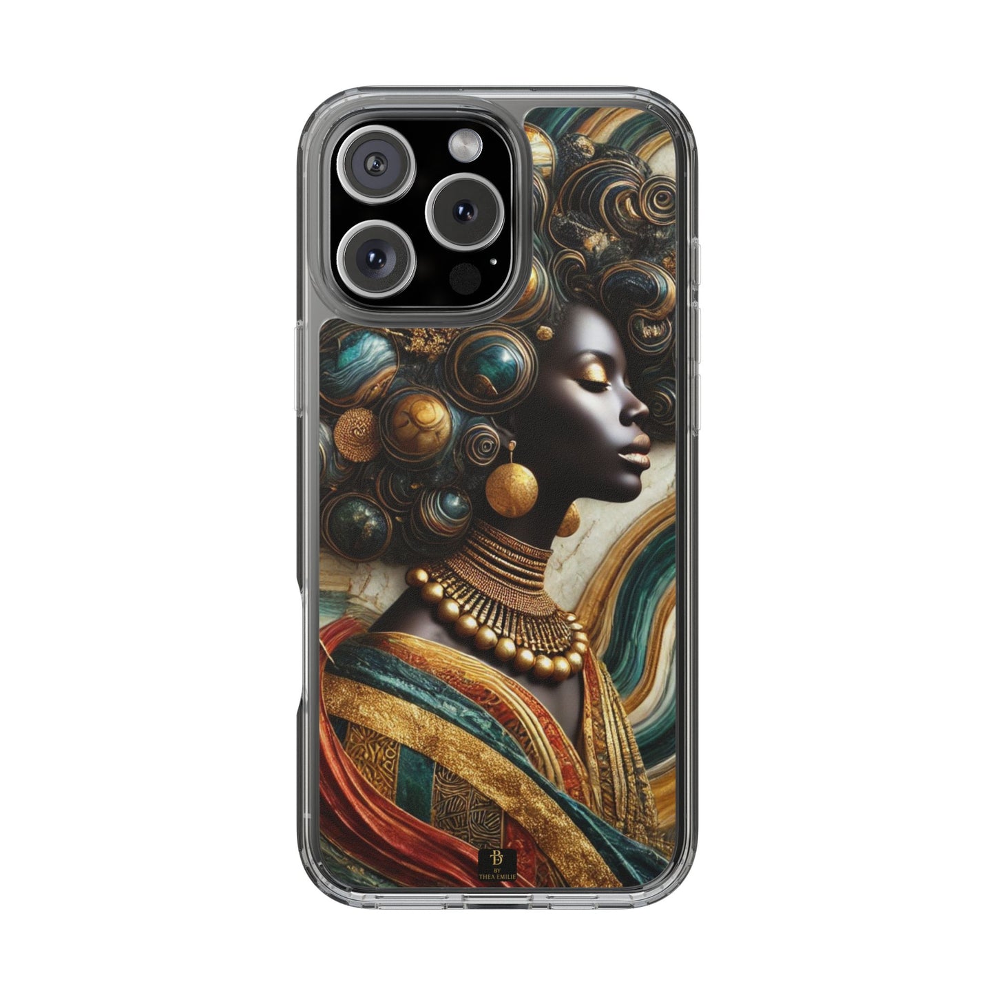 Majestic Queen Clear Phone Case – Afro Art Style with Gold & Teal Accents