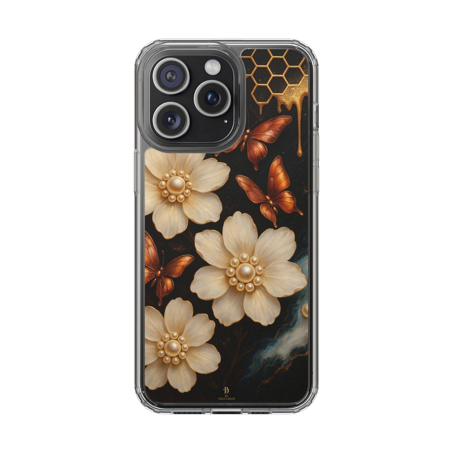 Golden Butterfly & Floral Clear Phone Case – Elegant Pearl & Honeycomb Design for iPhone