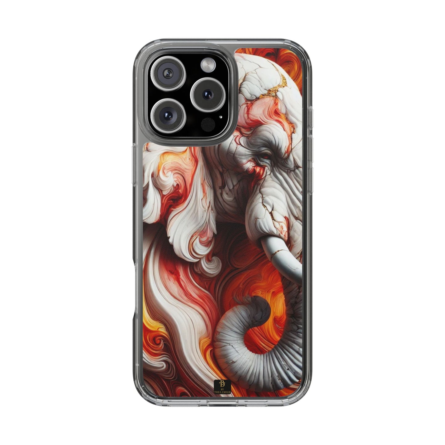 Fiery Marble Elephant Clear Phone Case – Bold Red & Orange Artistic Design for iPhone