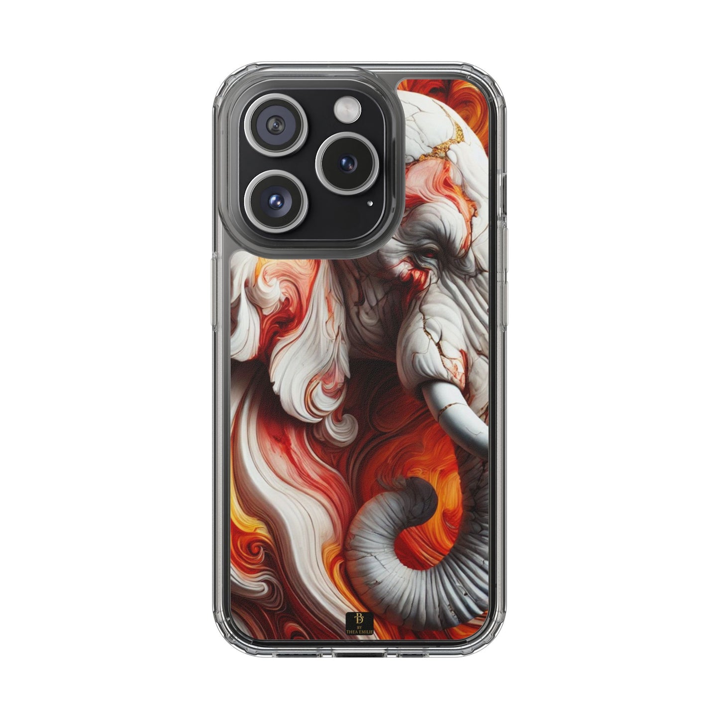 Fiery Marble Elephant Clear Phone Case – Bold Red & Orange Artistic Design for iPhone