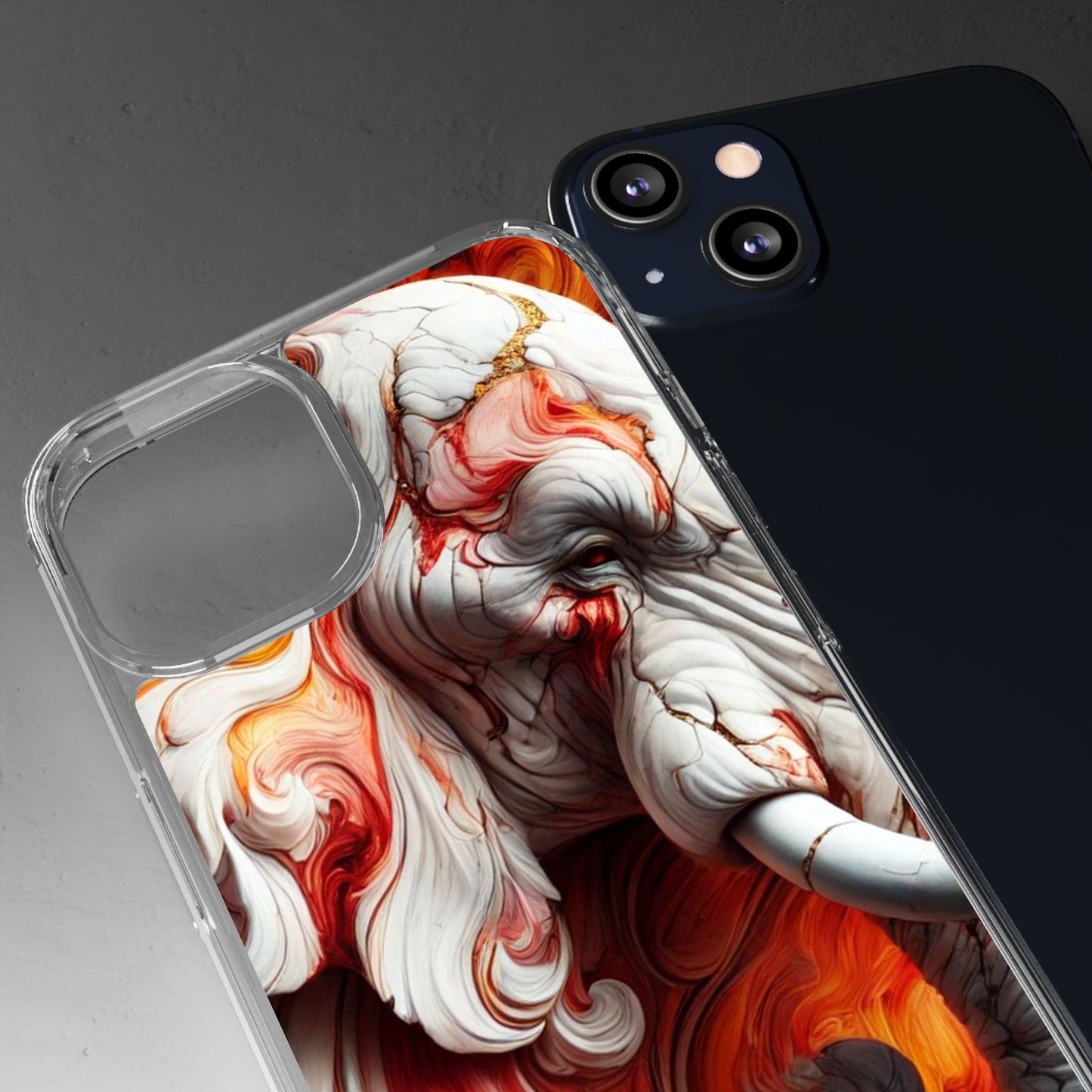 Fiery Marble Elephant Clear Phone Case – Bold Red & Orange Artistic Design for iPhone