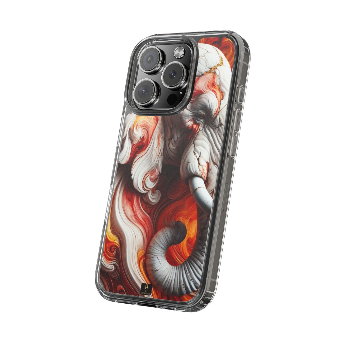 Fiery Marble Elephant Clear Phone Case – Bold Red & Orange Artistic Design for iPhone