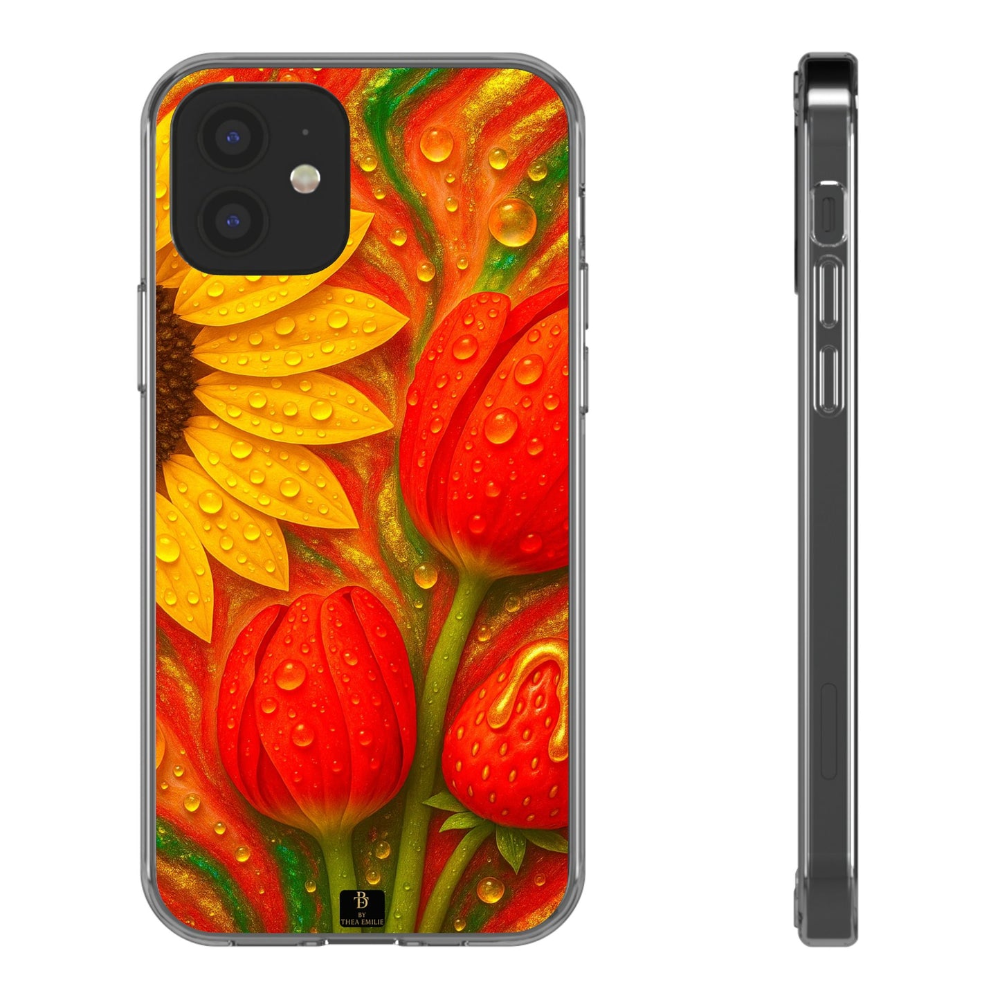 Sunflower Tulips Clear Phone Case - Red Green Gold Marble Design for iPhone