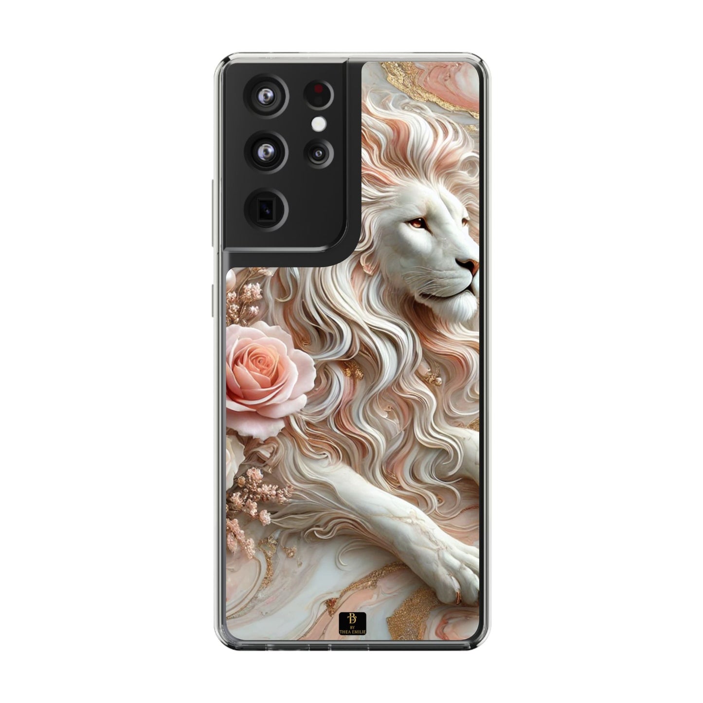 Blush Lion Clear Phone Case – Soft Marble & Rose Design for iPhone
