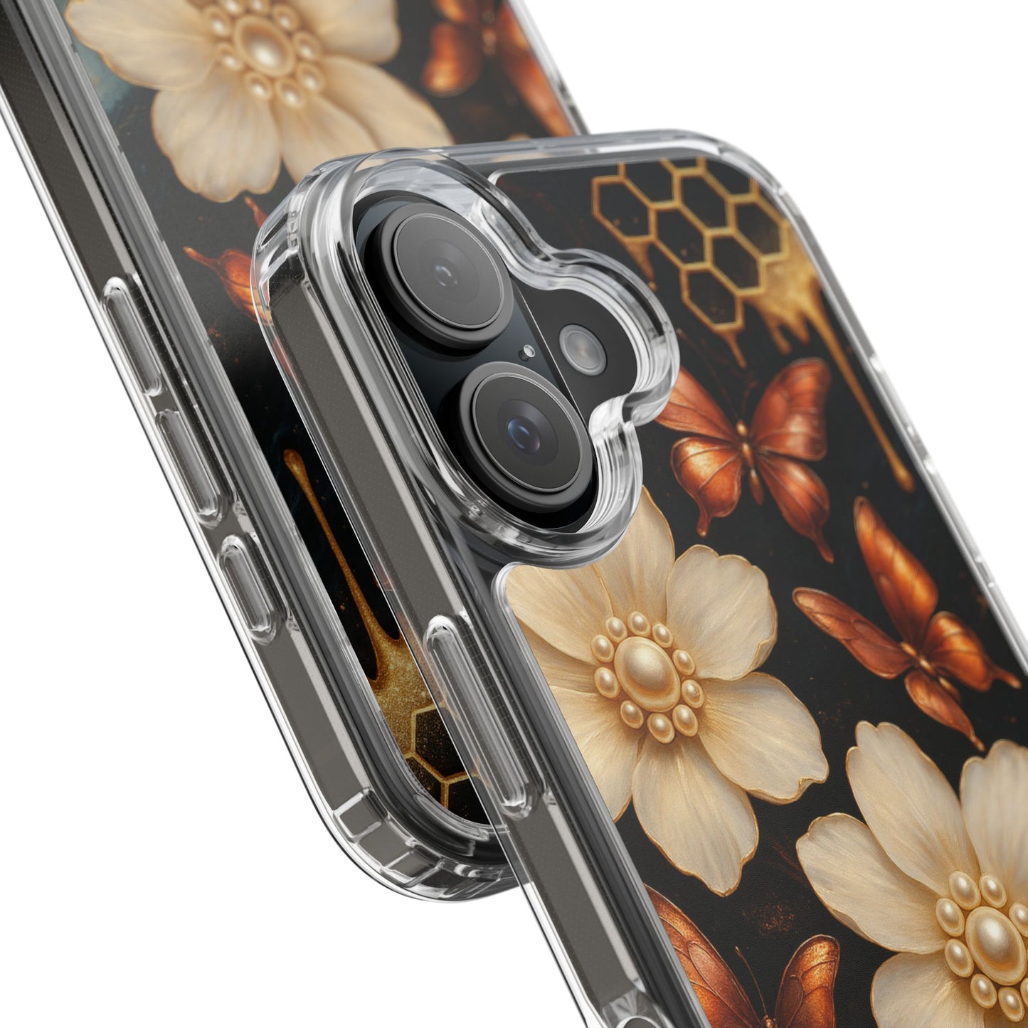Golden Butterfly & Floral Clear Phone Case – Elegant Pearl & Honeycomb Design for iPhone