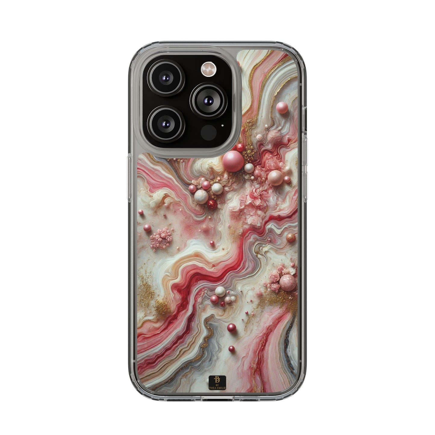 Pink Marble Clear Phone Case – Blush & Gold Abstract Design with Pearls, Compatible with iPhone