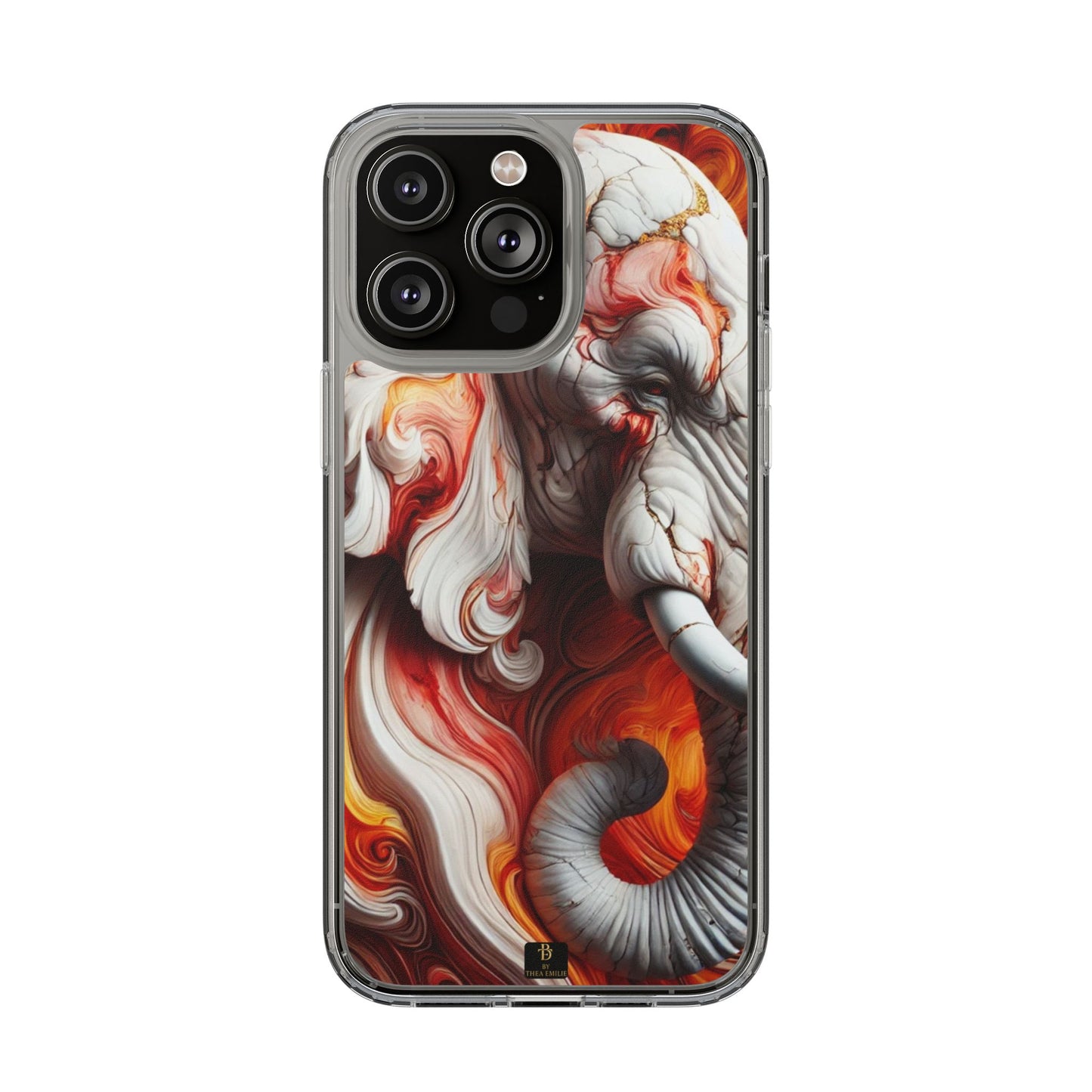 Fiery Marble Elephant Clear Phone Case – Bold Red & Orange Artistic Design for iPhone