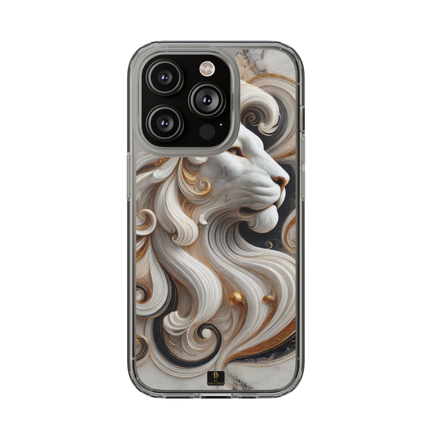 Artistic Lion Clear Phone Case – Marble Gold Design, Stylish Protection for iPhone