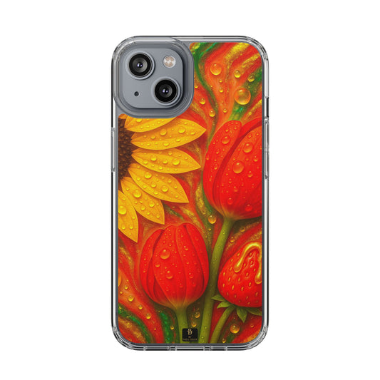 Sunflower Tulips Clear Phone Case - Red Green Gold Marble Design for iPhone