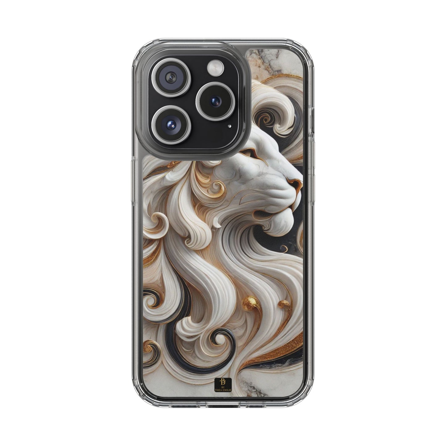 Artistic Lion Clear Phone Case – Marble Gold Design, Stylish Protection for iPhone