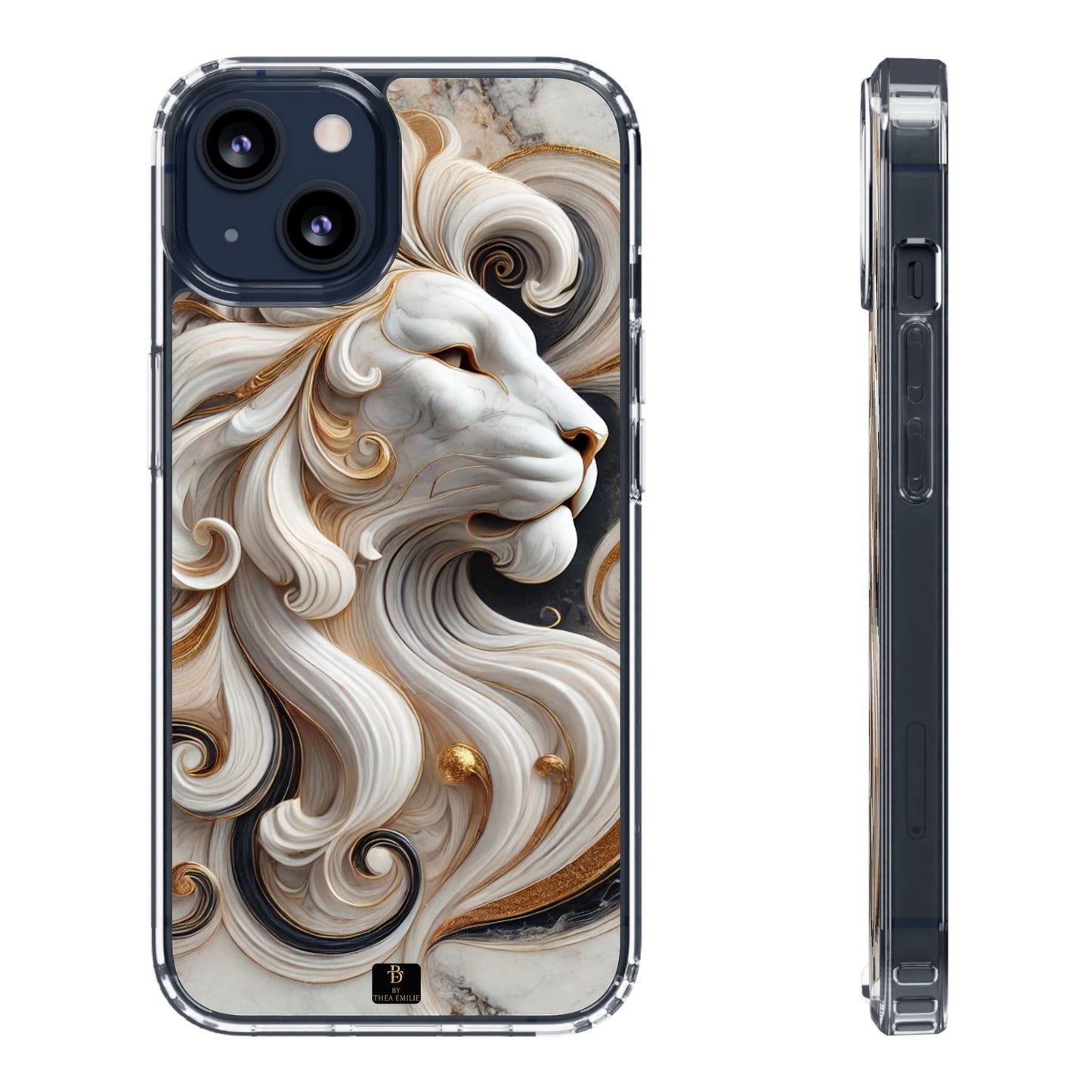 Artistic Lion Clear Phone Case – Marble Gold Design, Stylish Protection for iPhone