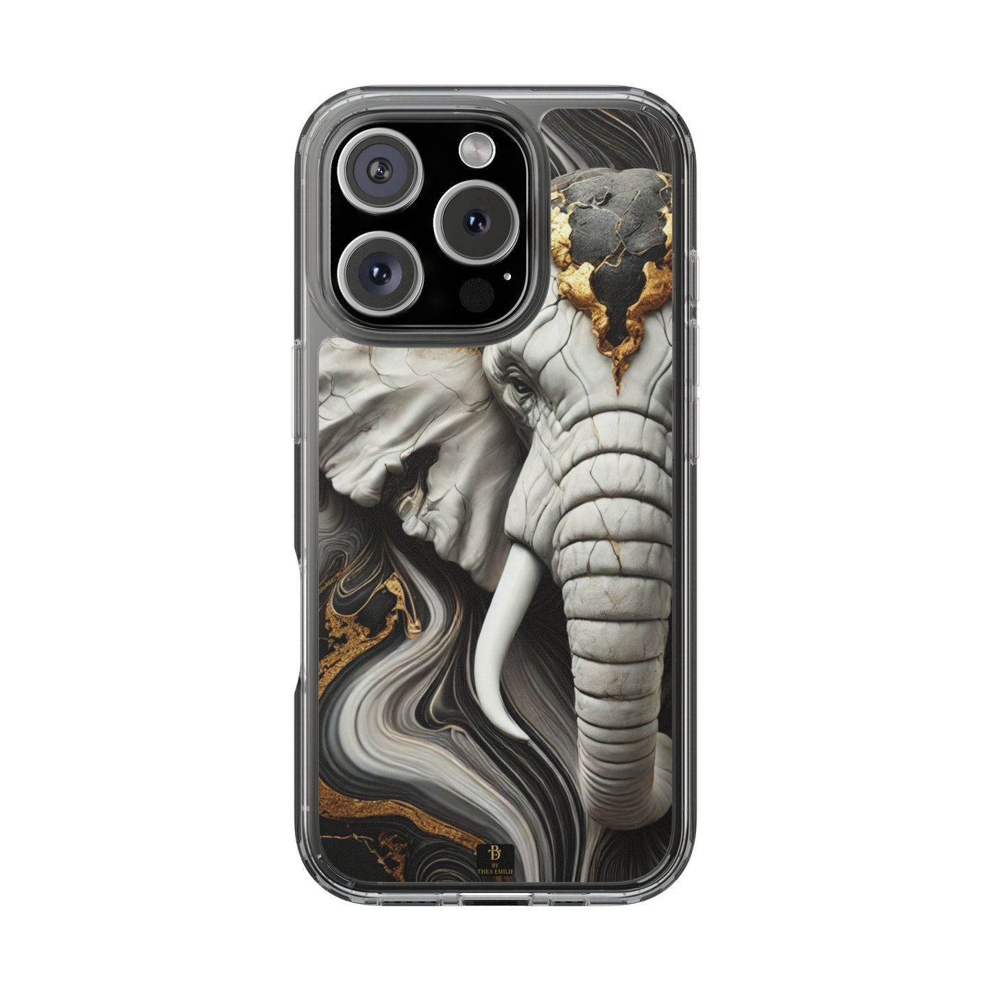 Artistic Elephant Clear Phone Case – Marble & Gold Wildlife Design for iPhone