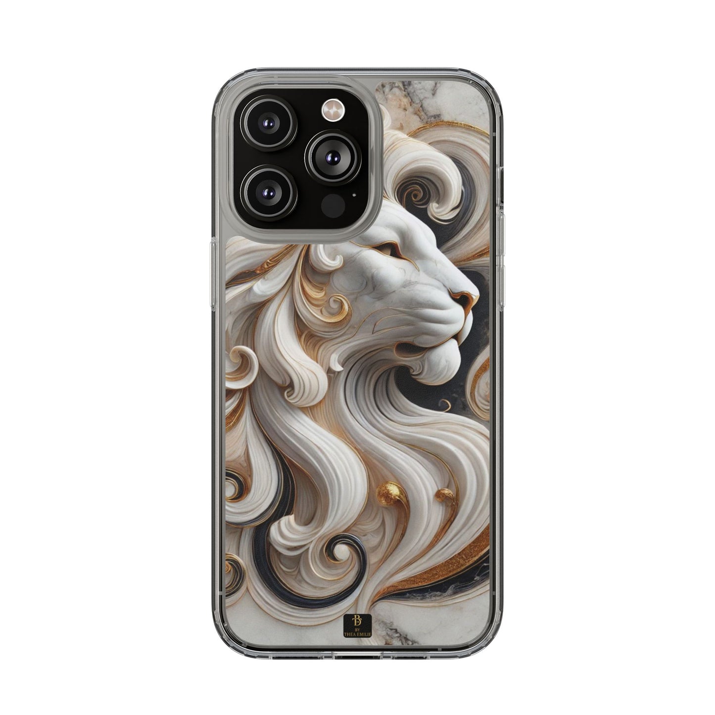 Artistic Lion Clear Phone Case – Marble Gold Design, Stylish Protection for iPhone