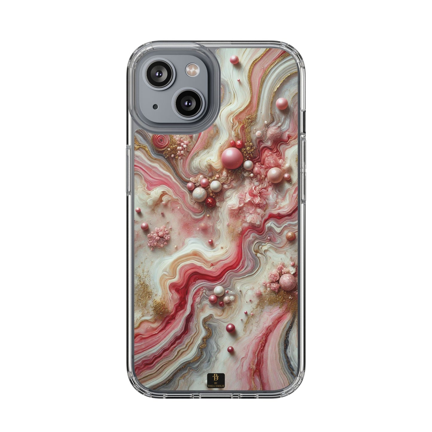 Pink Marble Clear Phone Case – Blush & Gold Abstract Design with Pearls, Compatible with iPhone