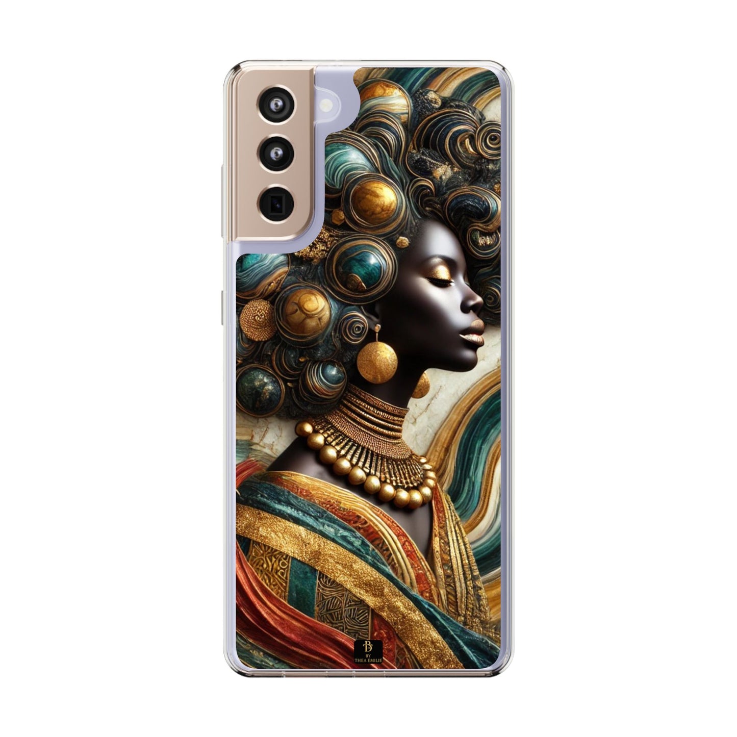 Majestic Queen Clear Phone Case – Afro Art Style with Gold & Teal Accents