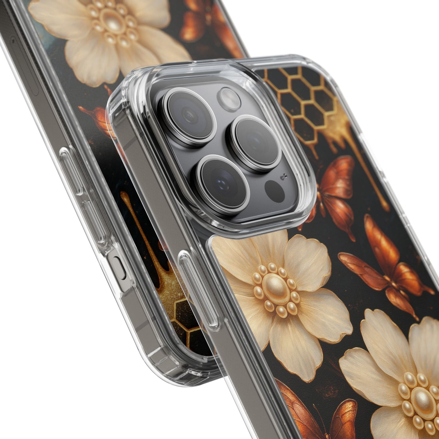 Golden Butterfly & Floral Clear Phone Case – Elegant Pearl & Honeycomb Design for iPhone