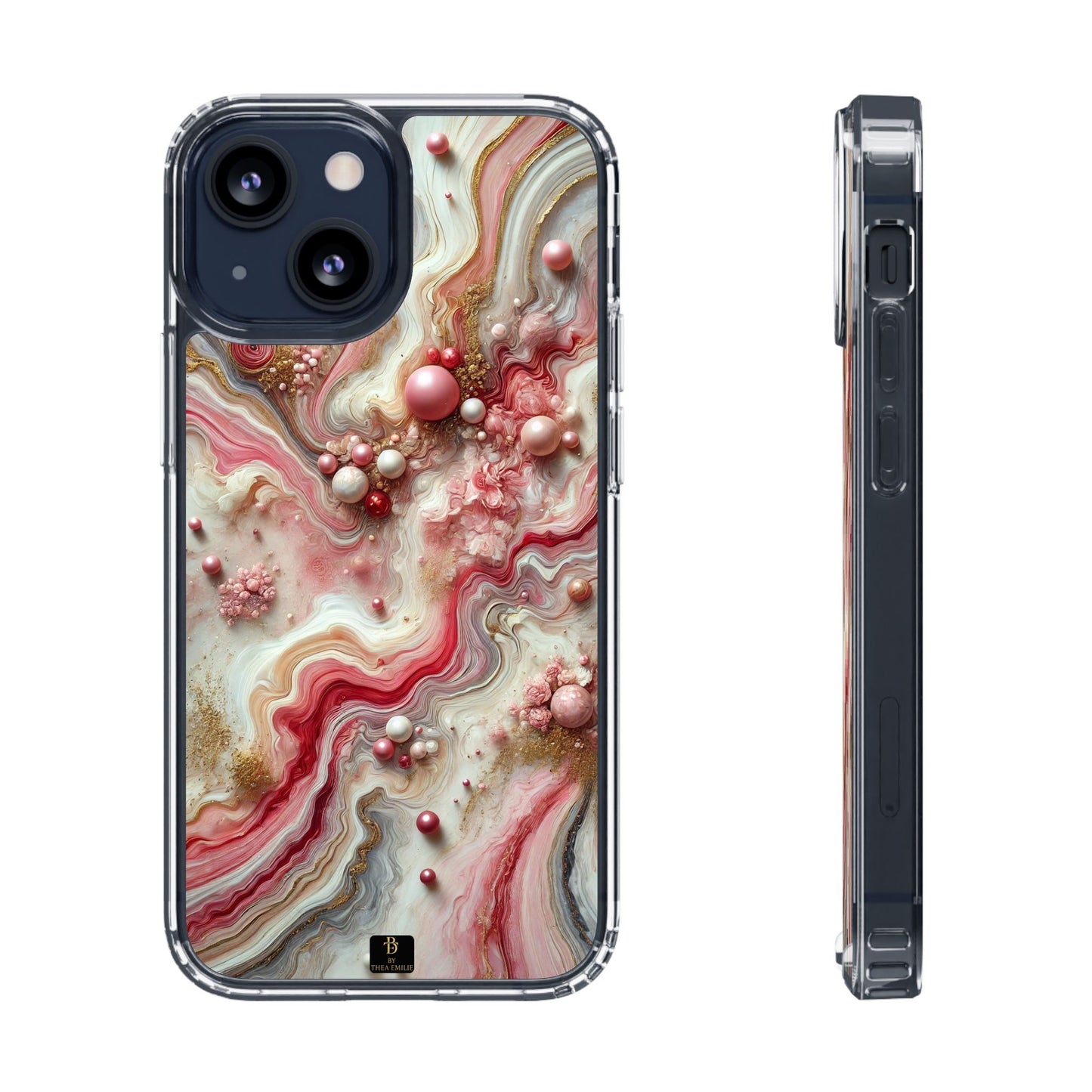 Pink Marble Clear Phone Case – Blush & Gold Abstract Design with Pearls, Compatible with iPhone