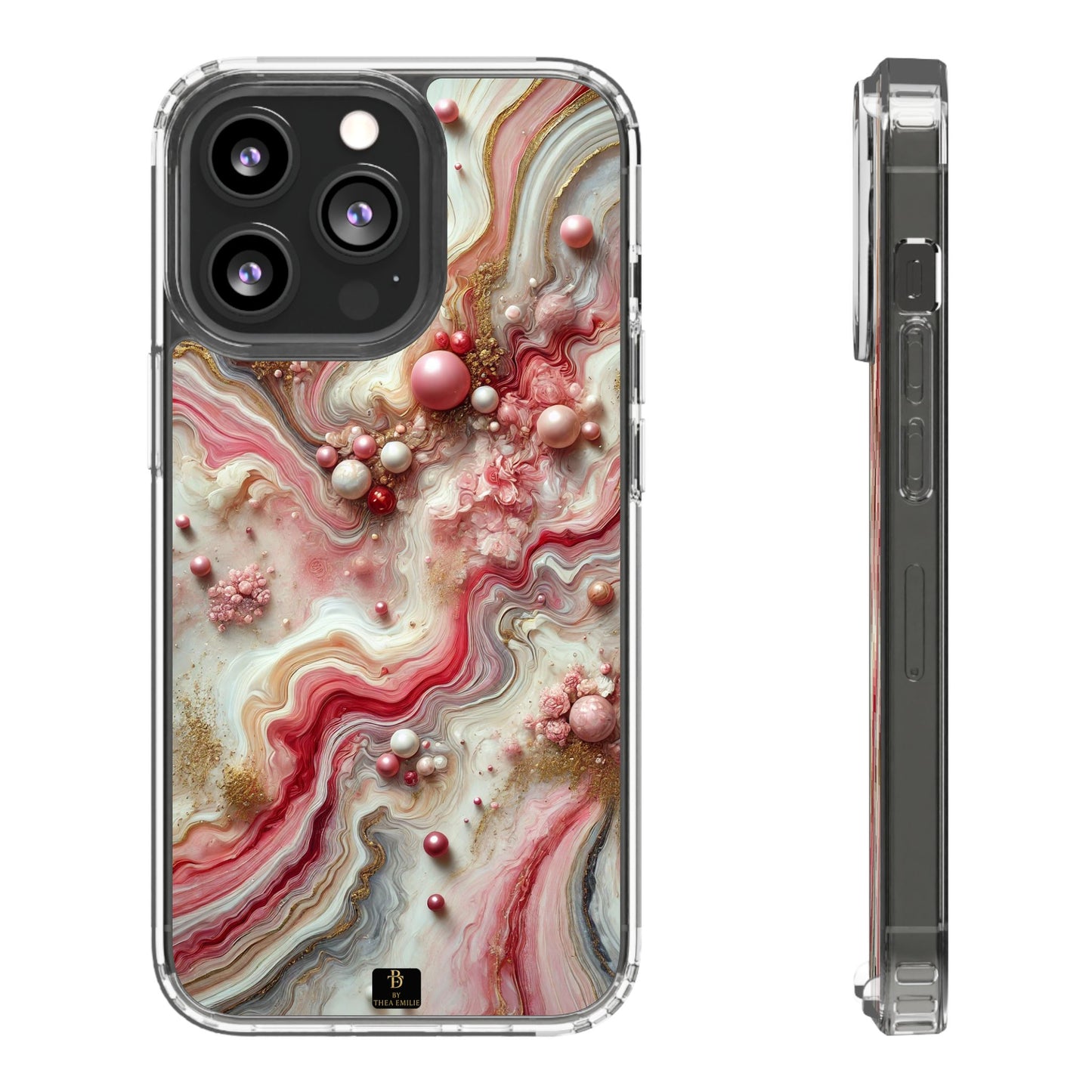 Pink Marble Clear Phone Case – Blush & Gold Abstract Design with Pearls, Compatible with iPhone