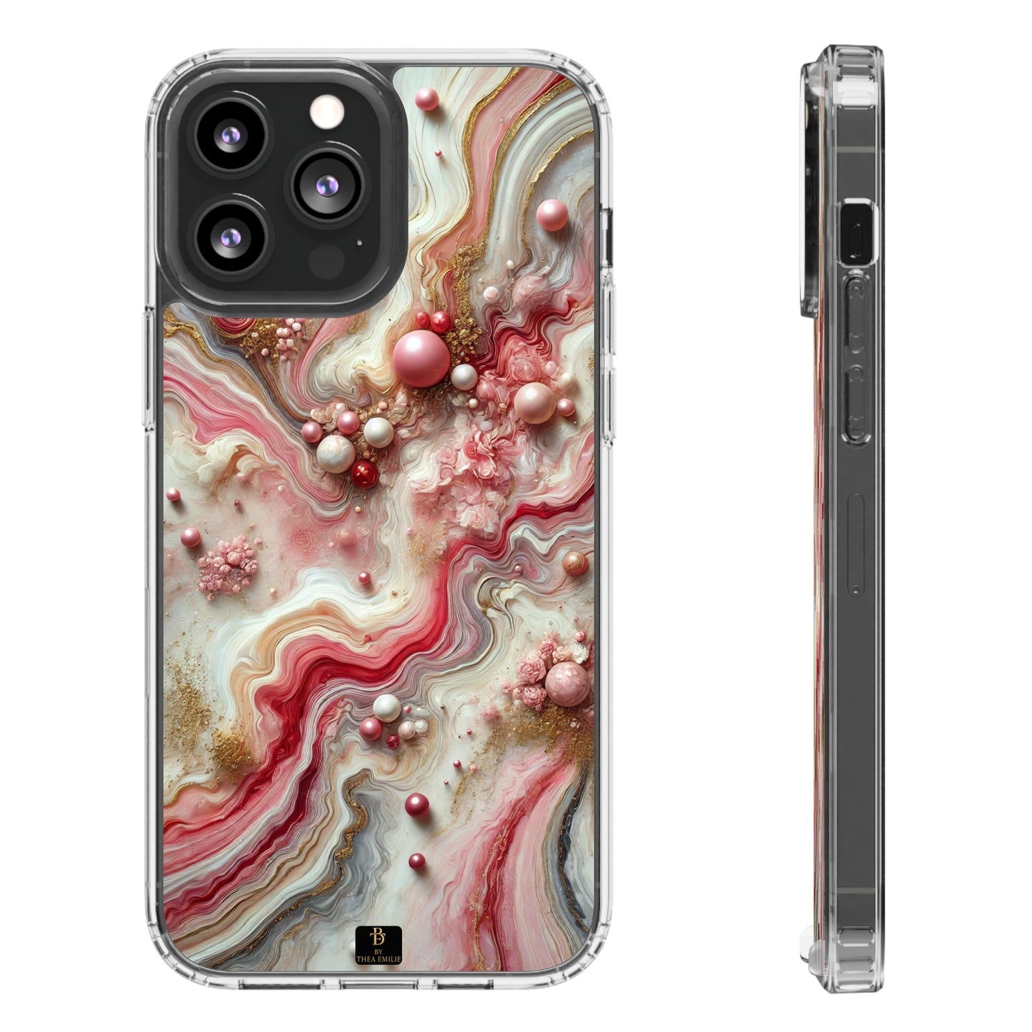 Pink Marble Clear Phone Case – Blush & Gold Abstract Design with Pearls, Compatible with iPhone