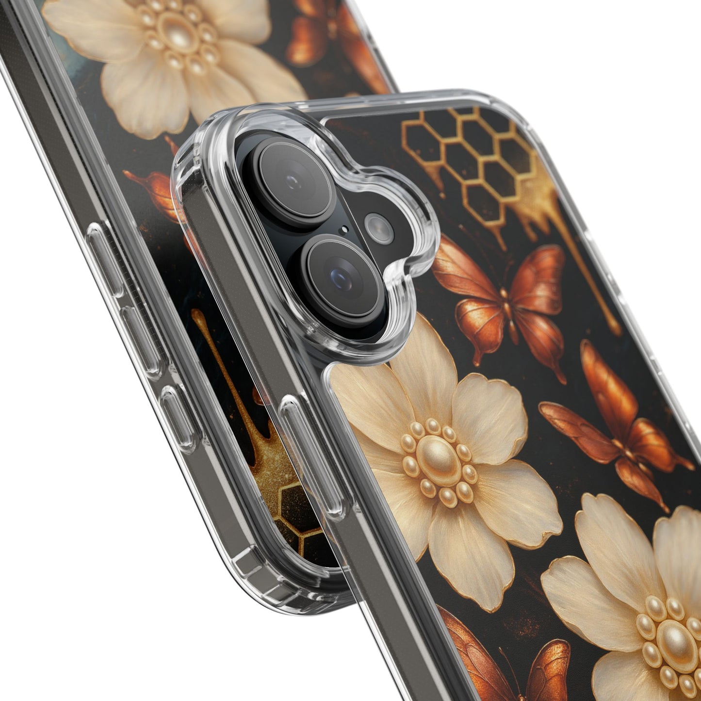 Golden Butterfly & Floral Clear Phone Case – Elegant Pearl & Honeycomb Design for iPhone